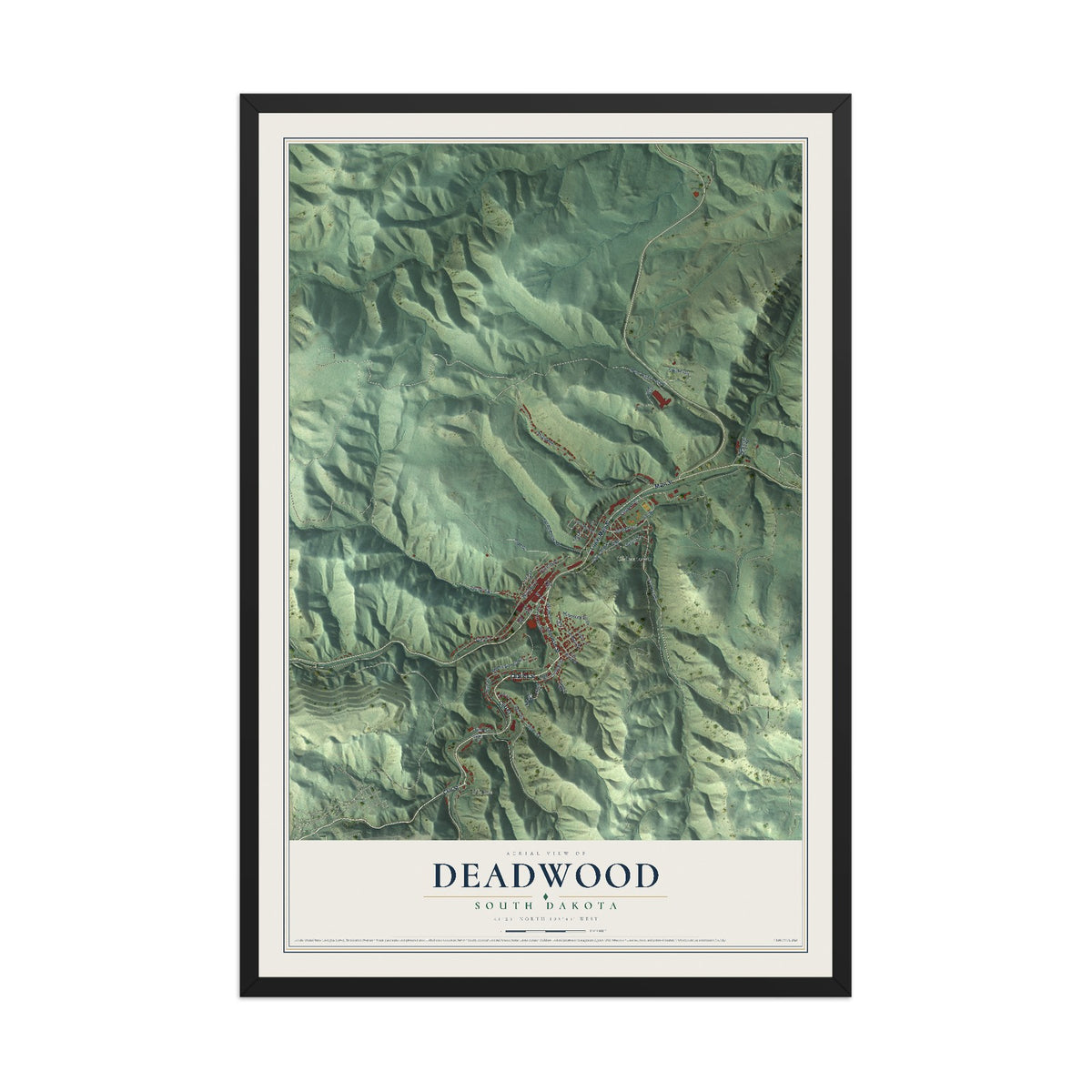 Map of Deadwood, South Dakota, 12 x 18 inch print in a black wood frame