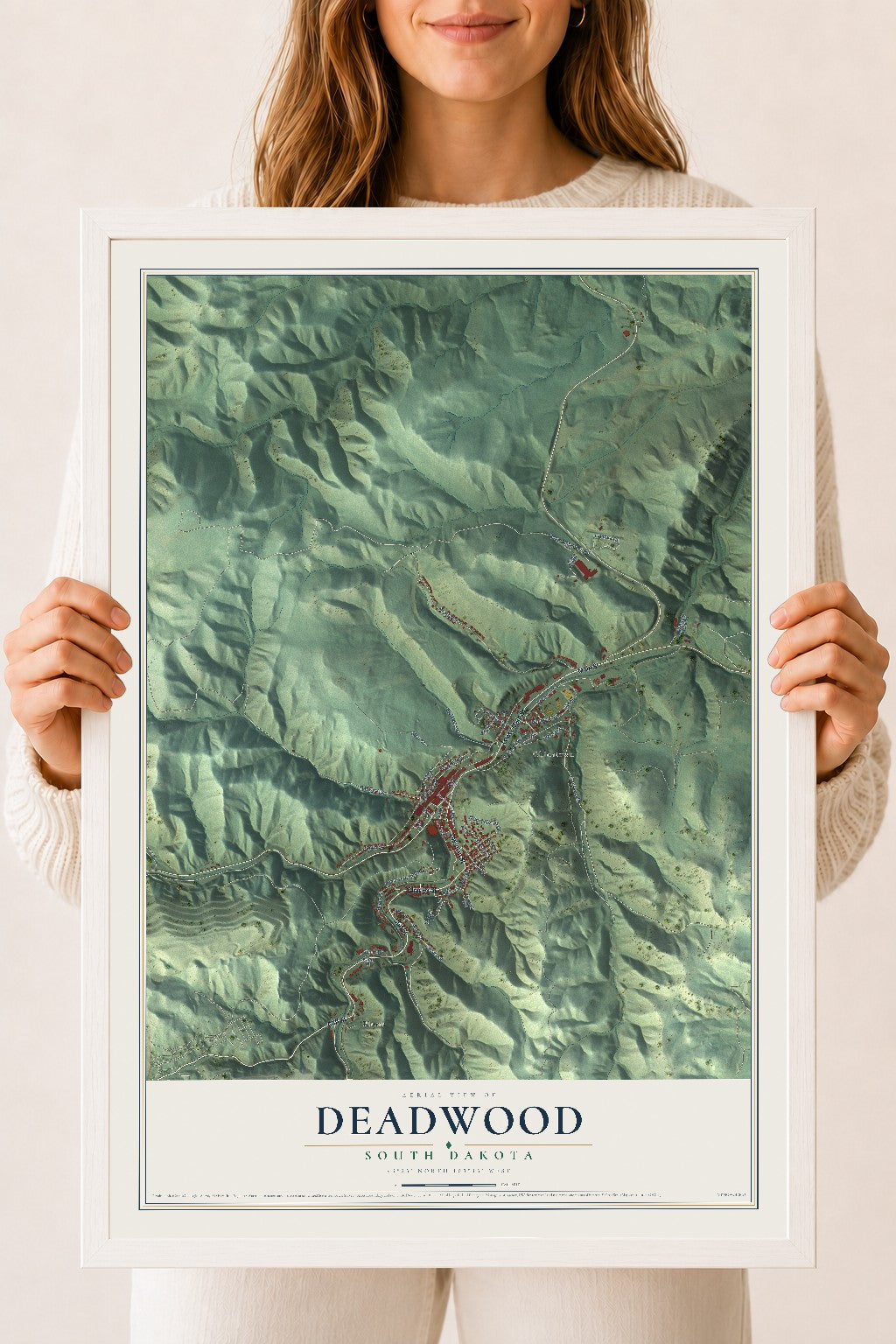 Map of Deadwood, South Dakota, 18 x 24 inch print in a white wood frame