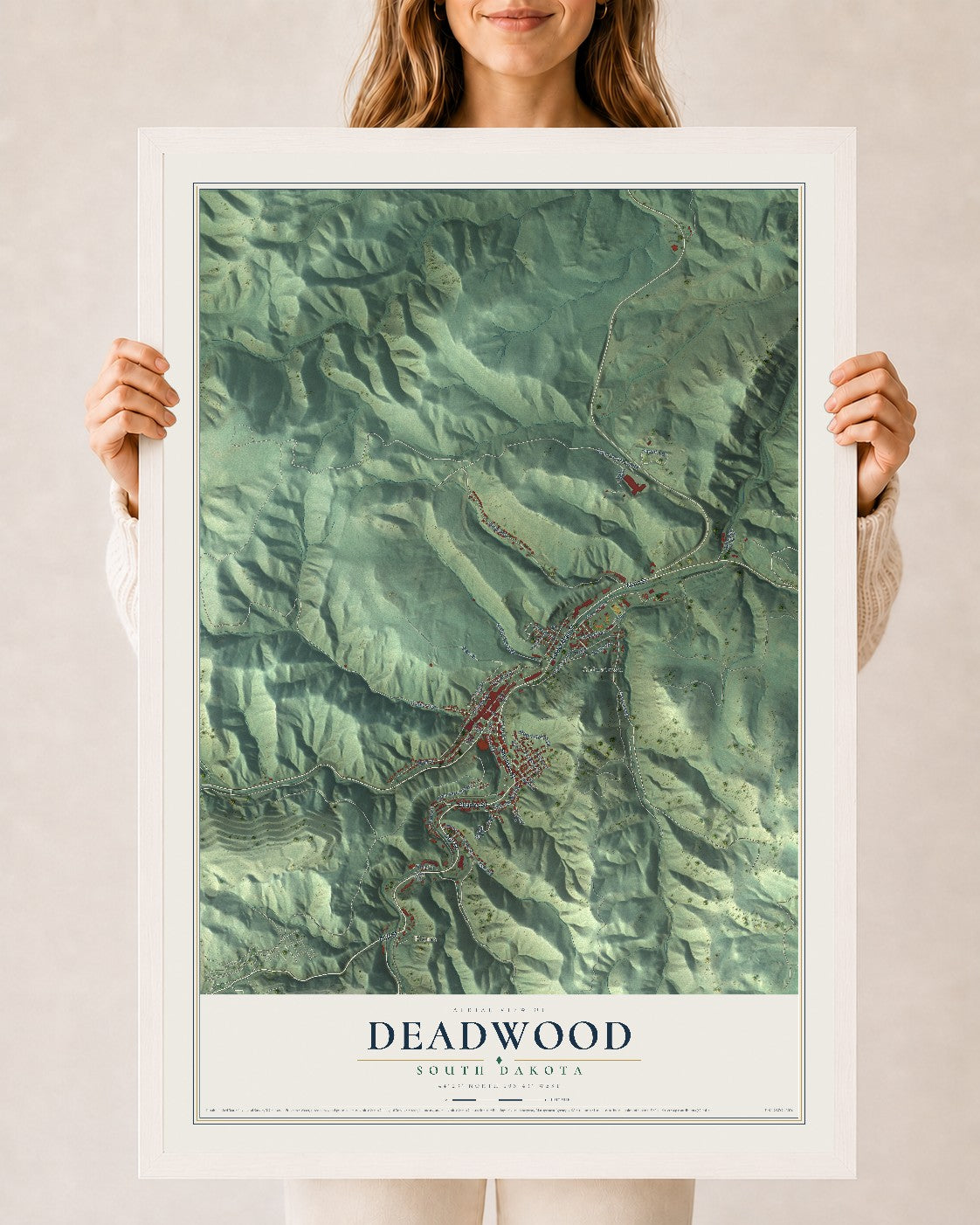 Map of Deadwood, South Dakota, 24 x 36 inch print in a white wood frame