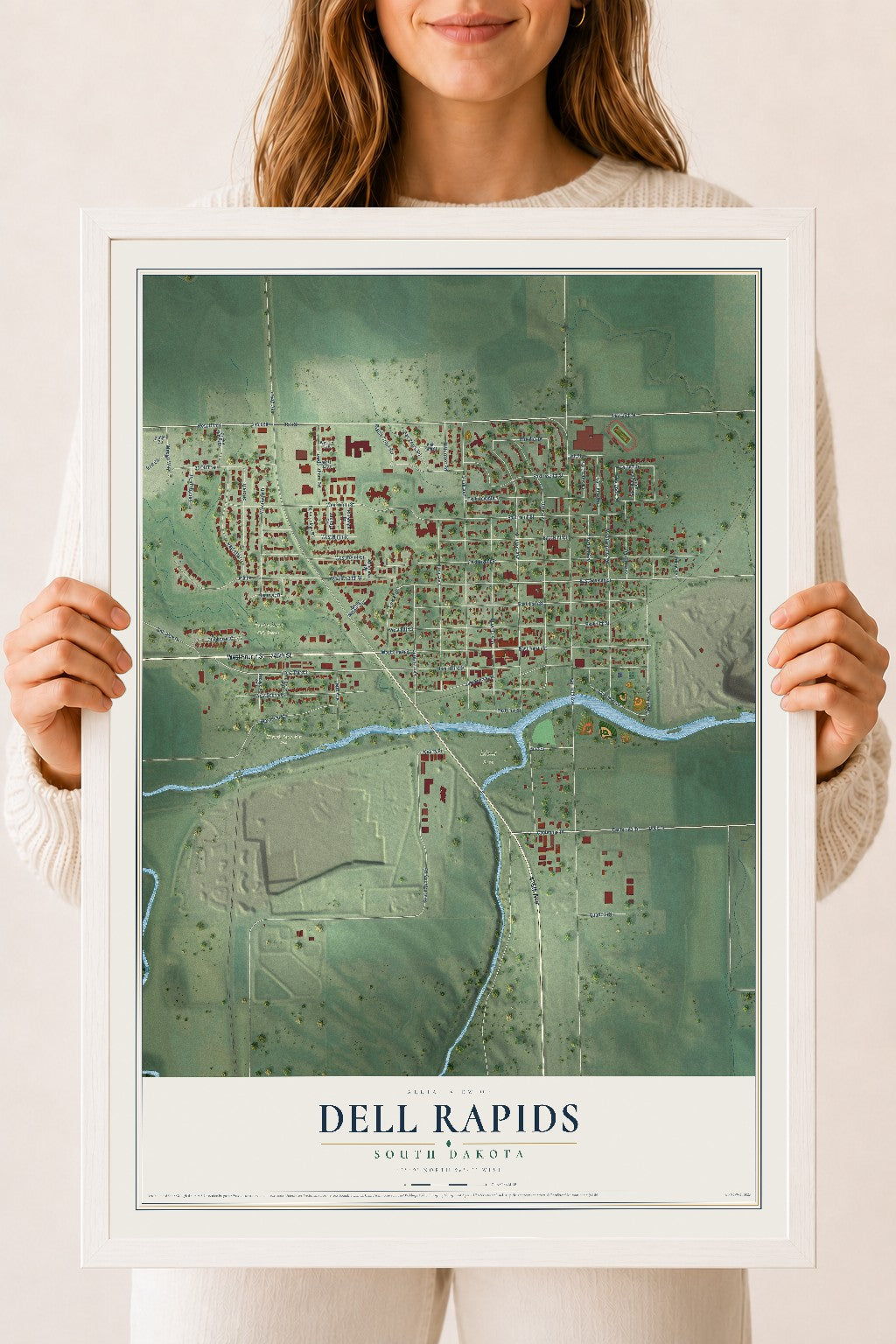 Map of Dell Rapids, South Dakota, 18 x 24 inch print in a white wood frame