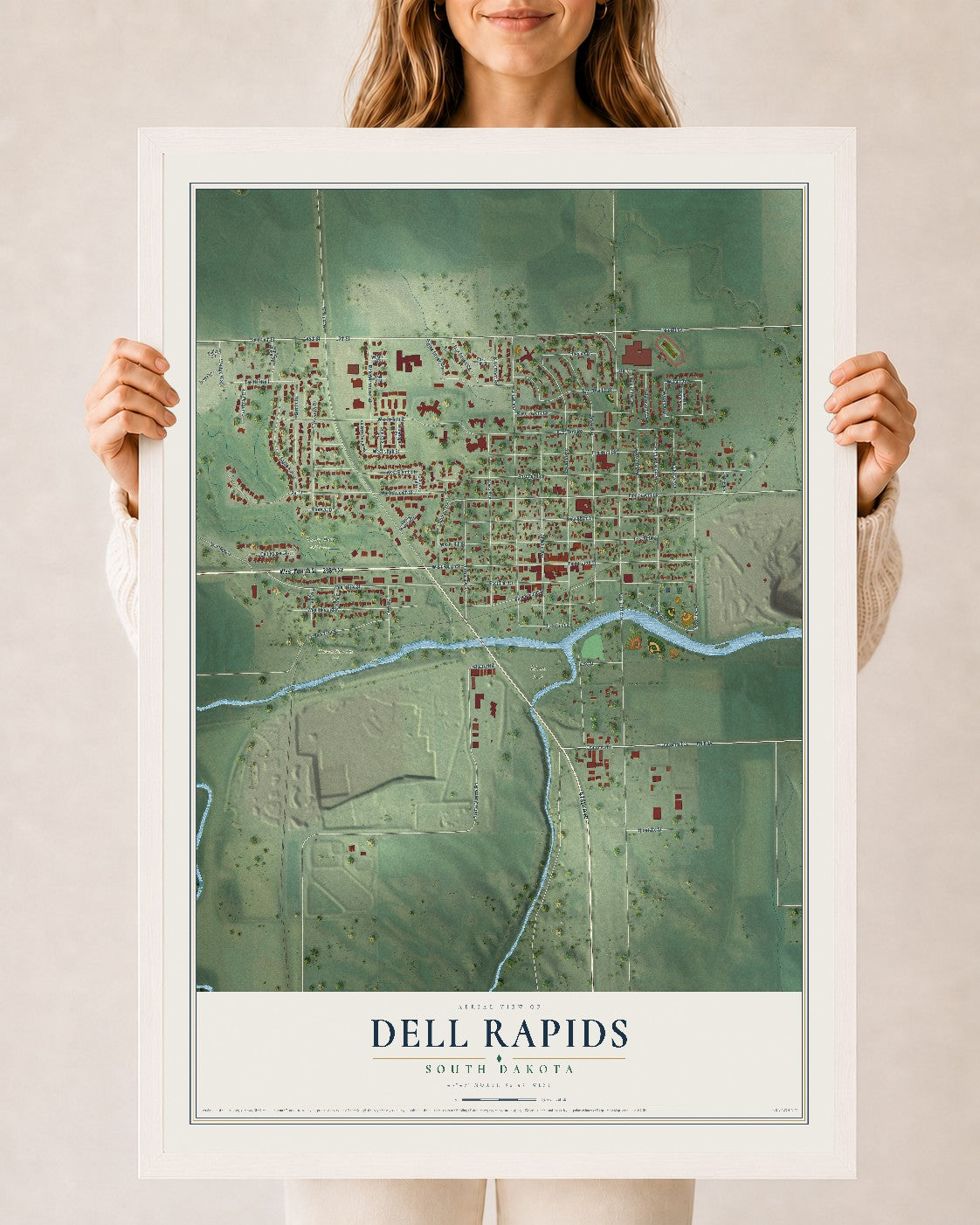 Map of Dell Rapids, South Dakota, 24 x 36 inch print in a white wood frame