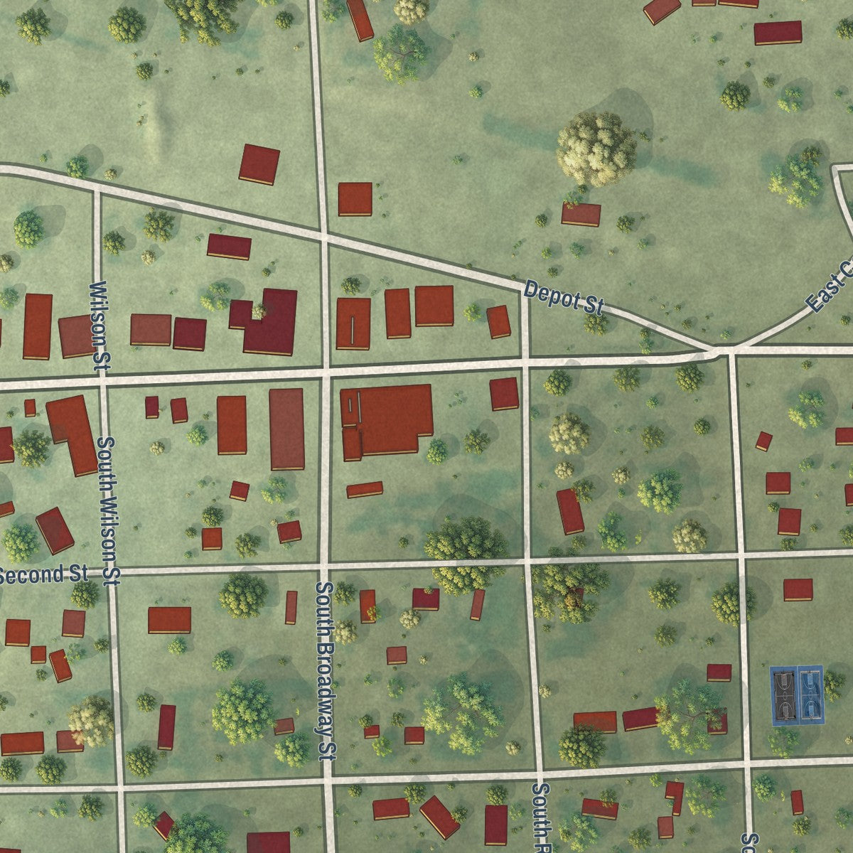 Close-up of the map of Delmont, South Dakota print showing street and building detail