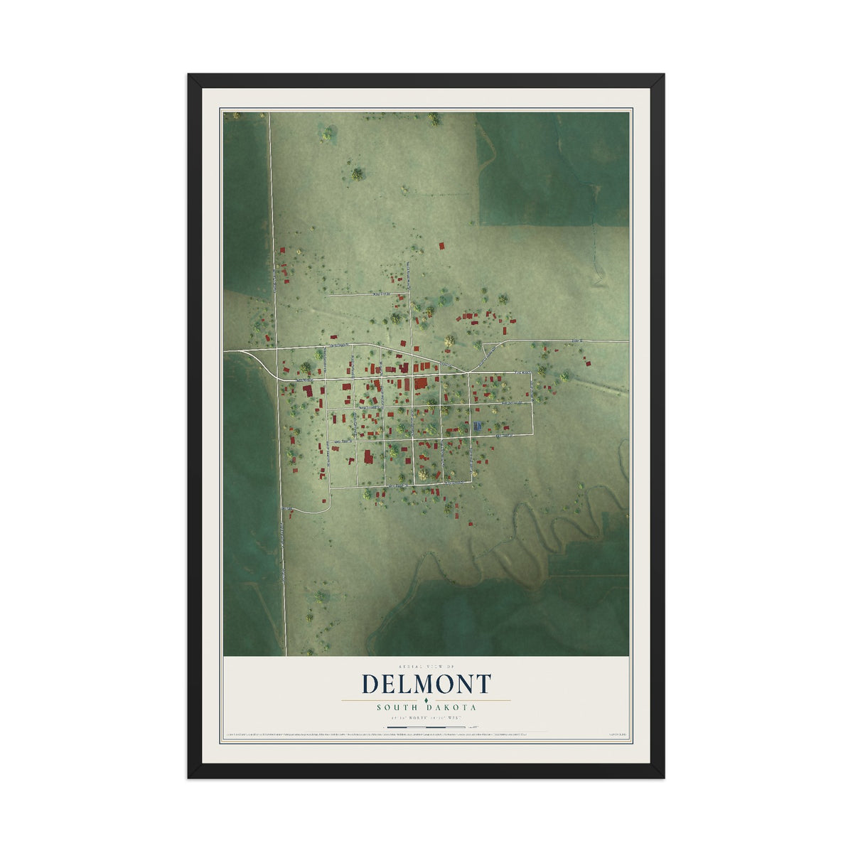Map of Delmont, South Dakota, 12 x 18 inch print in a black wood frame