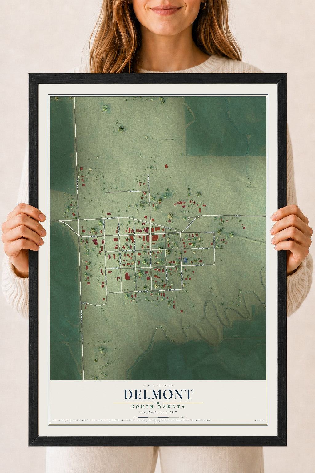 Map of Delmont, South Dakota, 18 x 24 inch print in a black wood frame