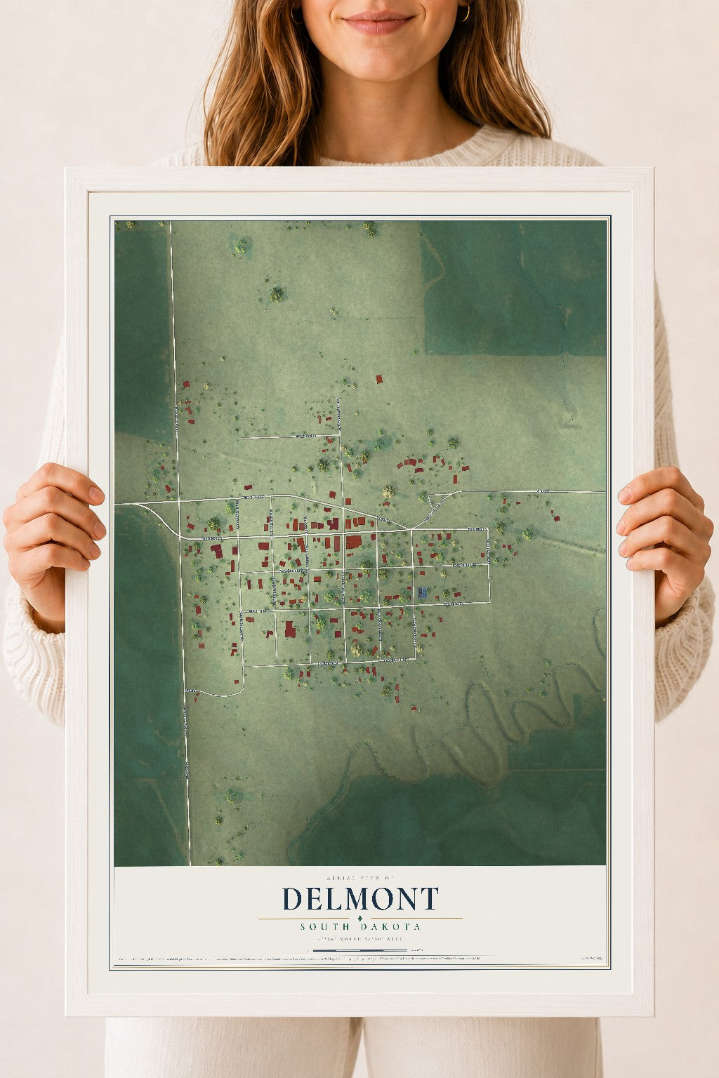 Map of Delmont, South Dakota, 18 x 24 inch print in a white wood frame
