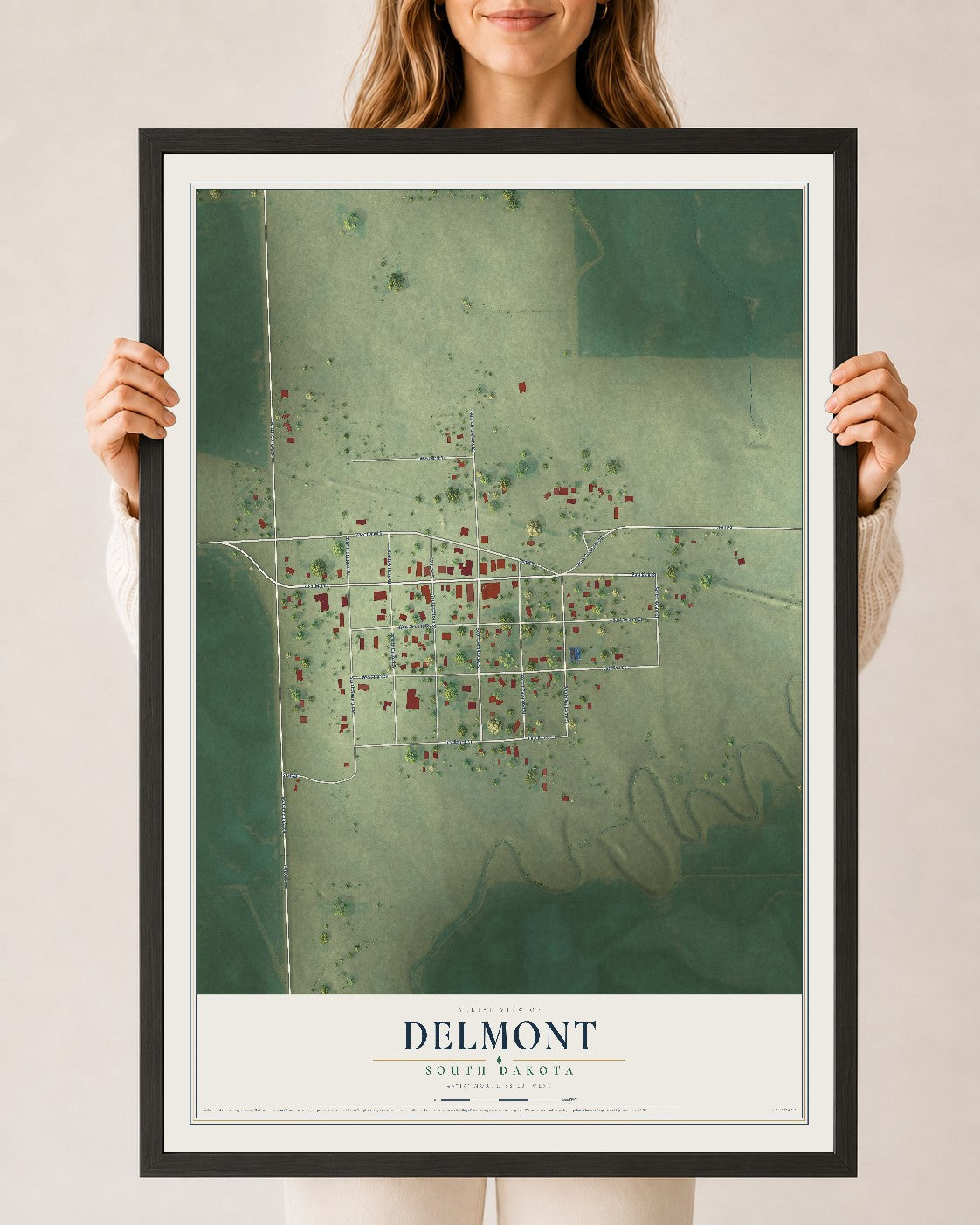 Map of Delmont, South Dakota, 24 x 36 inch print in a black wood frame
