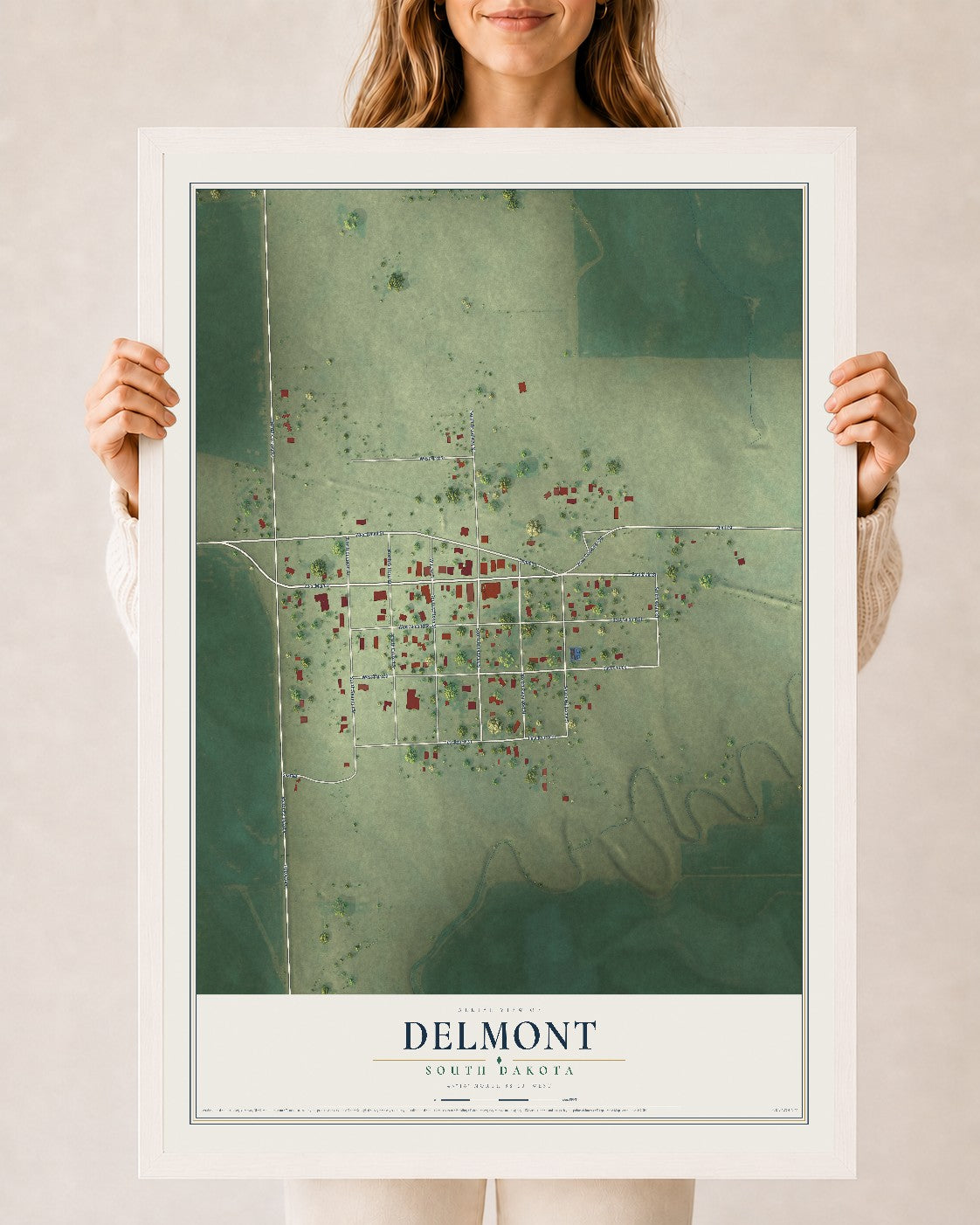 Map of Delmont, South Dakota, 24 x 36 inch print in a white wood frame