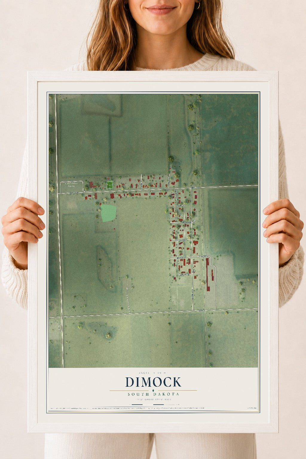 Map of Dimock, South Dakota, 18 x 24 inch print in a white wood frame
