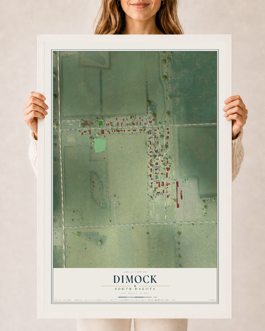 Map of Dimock, South Dakota, 24 x 36 inch print in a white wood frame