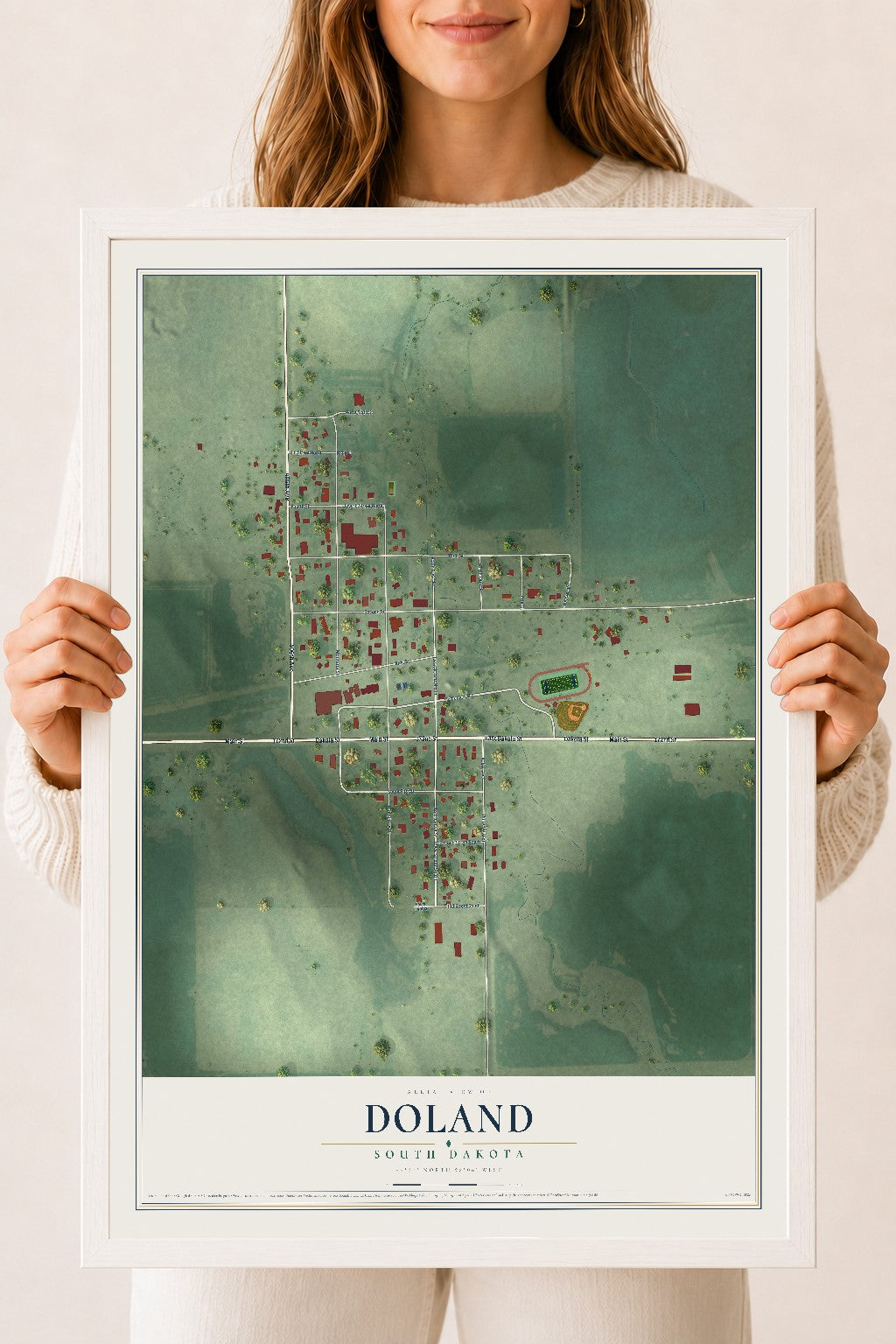 Map of Doland, South Dakota, 18 x 24 inch print in a white wood frame