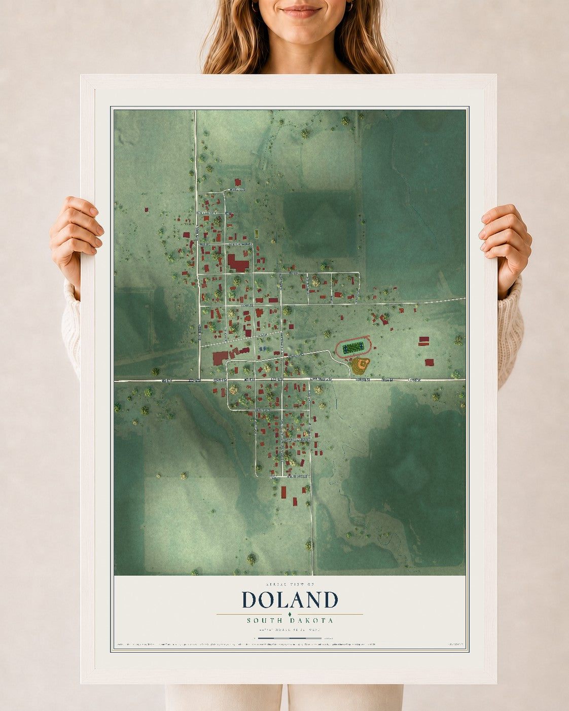 Map of Doland, South Dakota, 24 x 36 inch print in a white wood frame