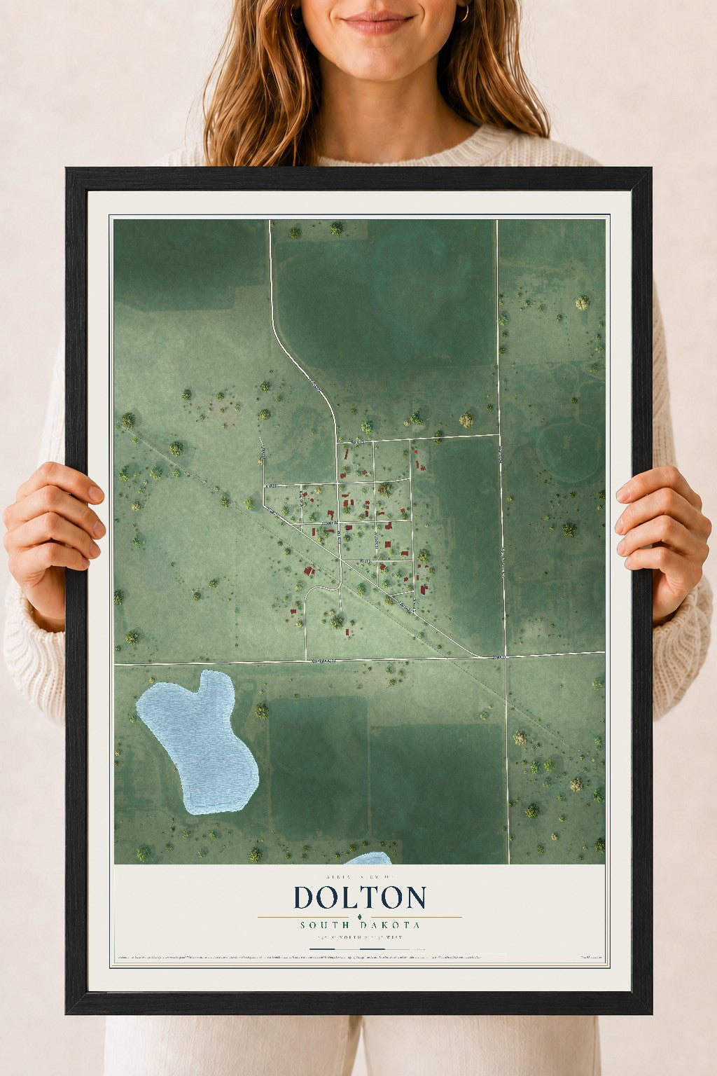 Map of Dolton, South Dakota, 18 x 24 inch print in a black wood frame