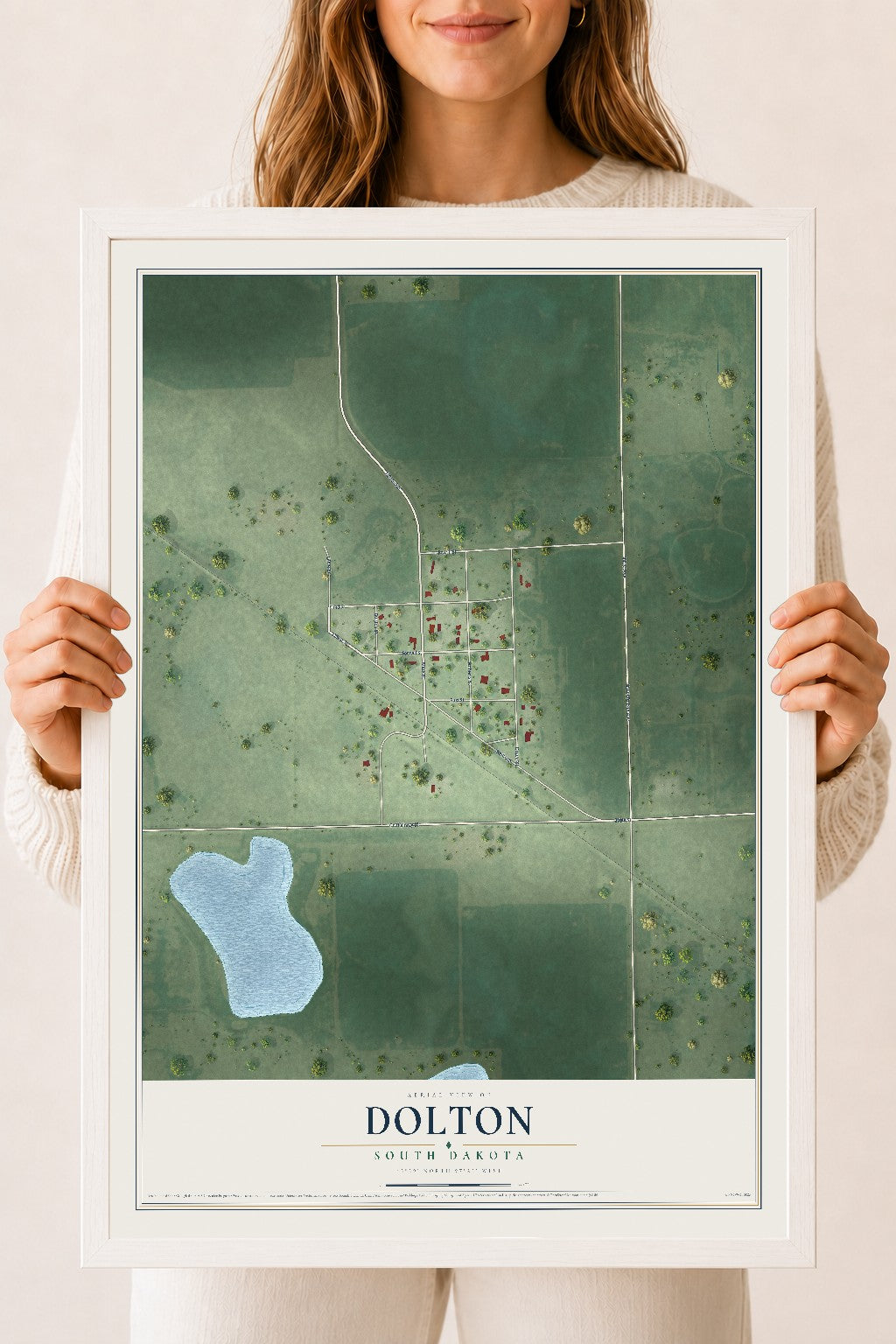 Map of Dolton, South Dakota, 18 x 24 inch print in a white wood frame