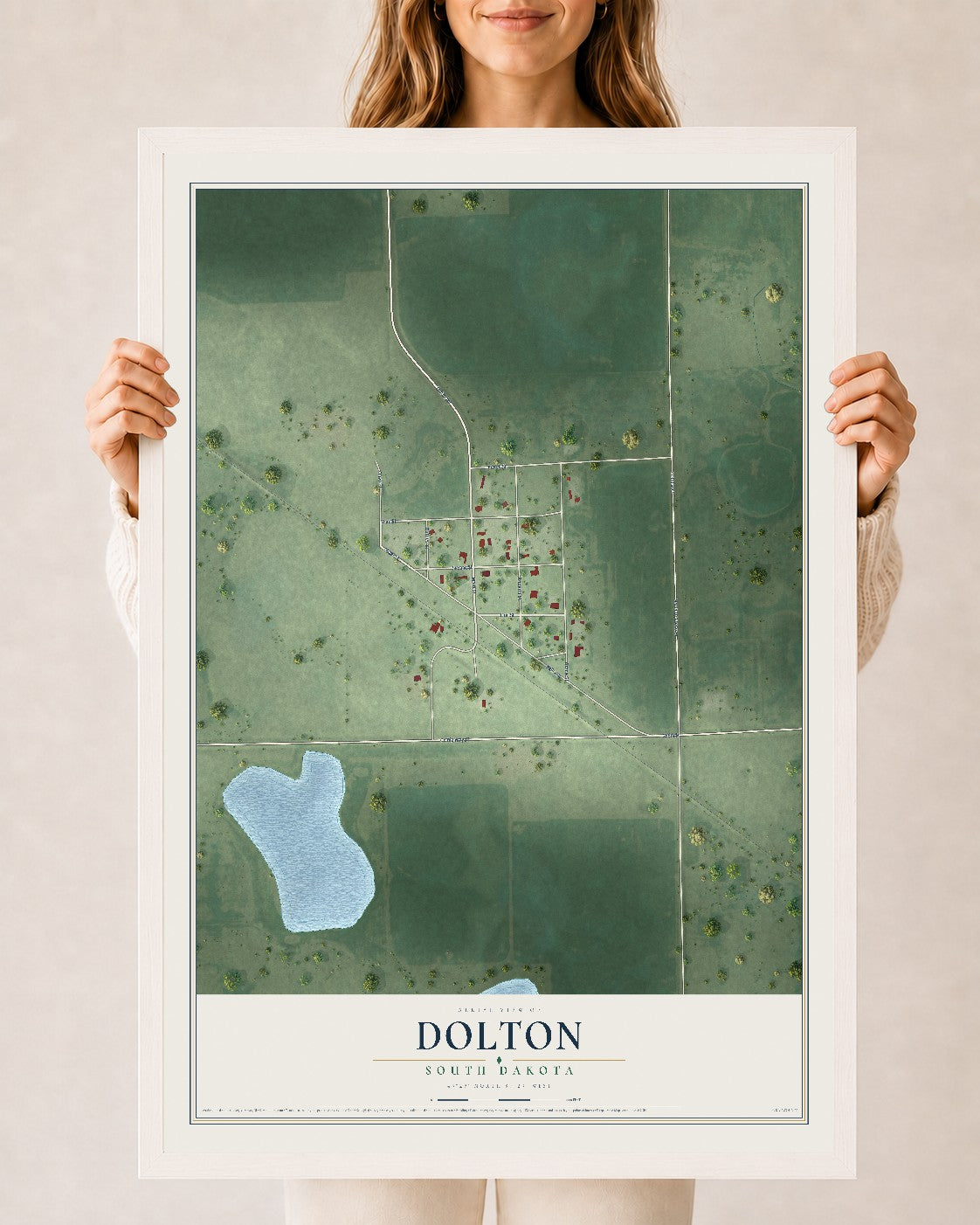 Map of Dolton, South Dakota, 24 x 36 inch print in a white wood frame