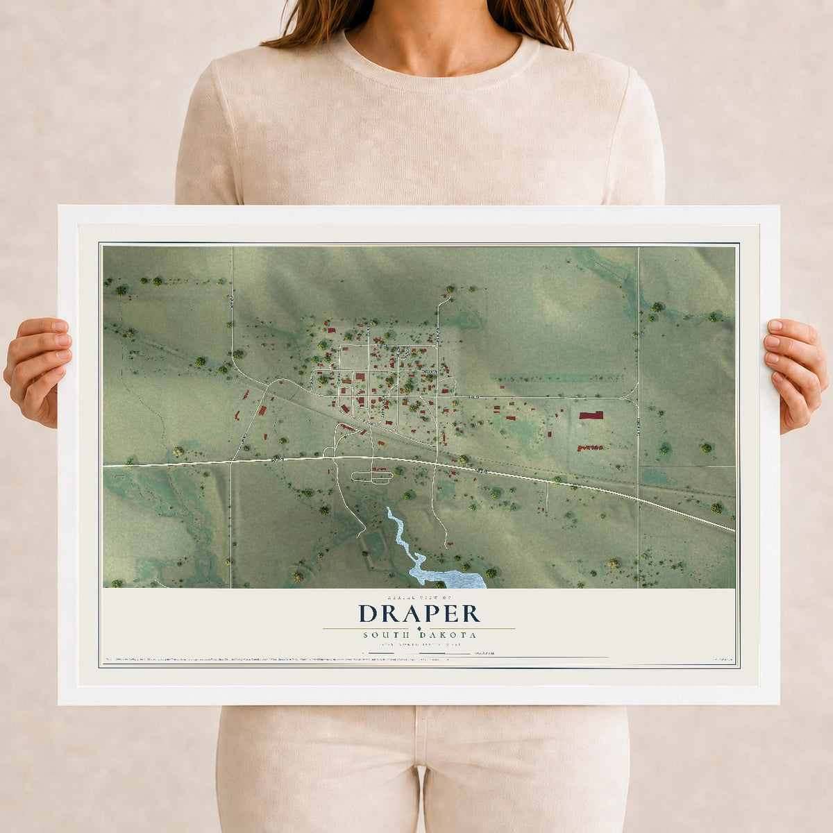 Map of Draper, South Dakota, 12 x 18 inch print in a white wood frame