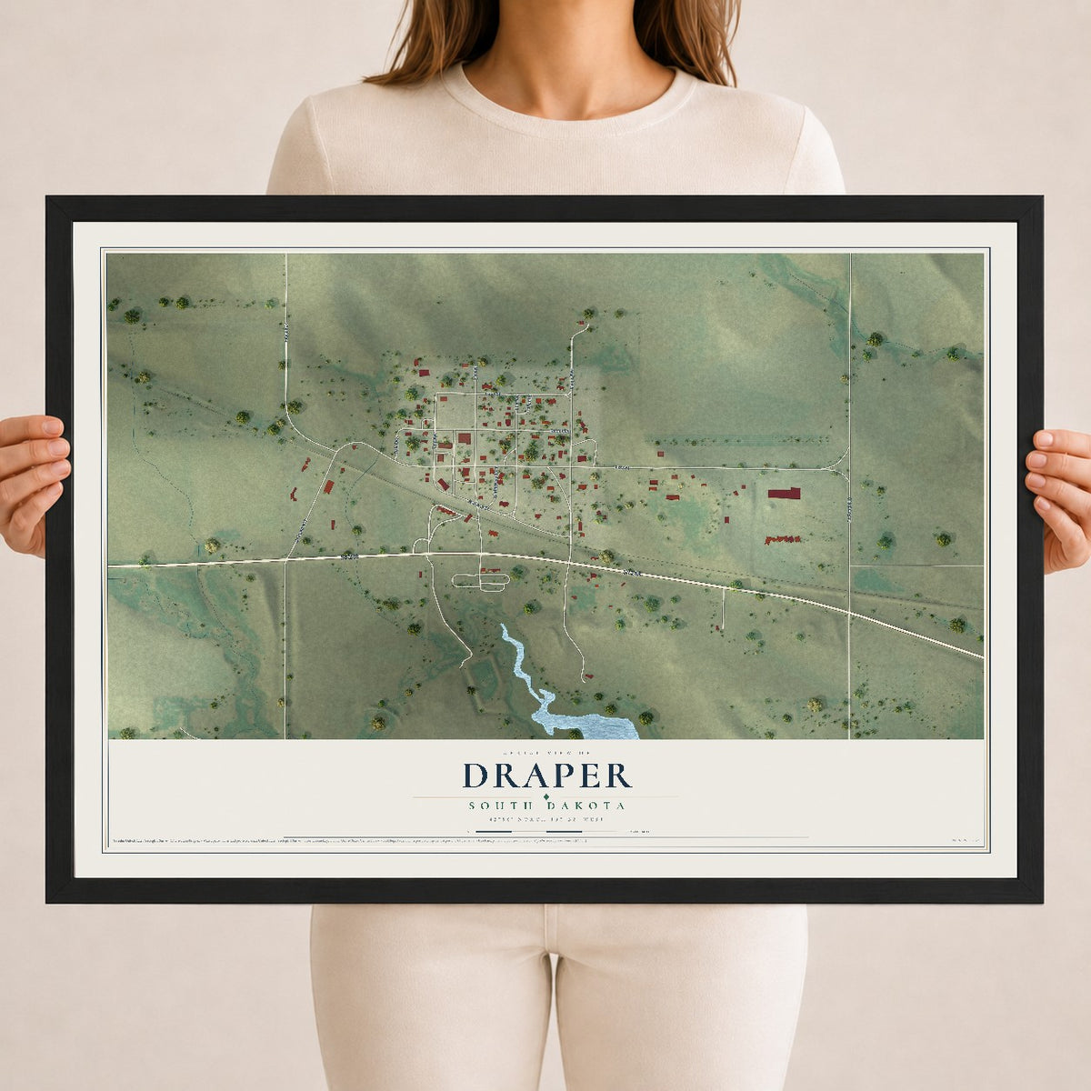 Map of Draper, South Dakota, 18 x 24 inch print in a black wood frame