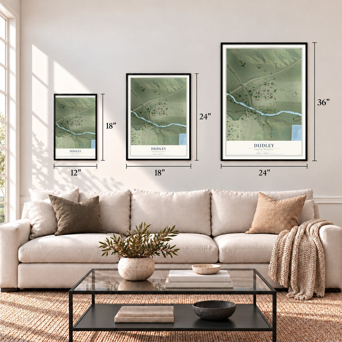 Dudley, South Dakota map in 12 x 18, 18 x 24 and 24 x 36 inch sizes above a sofa