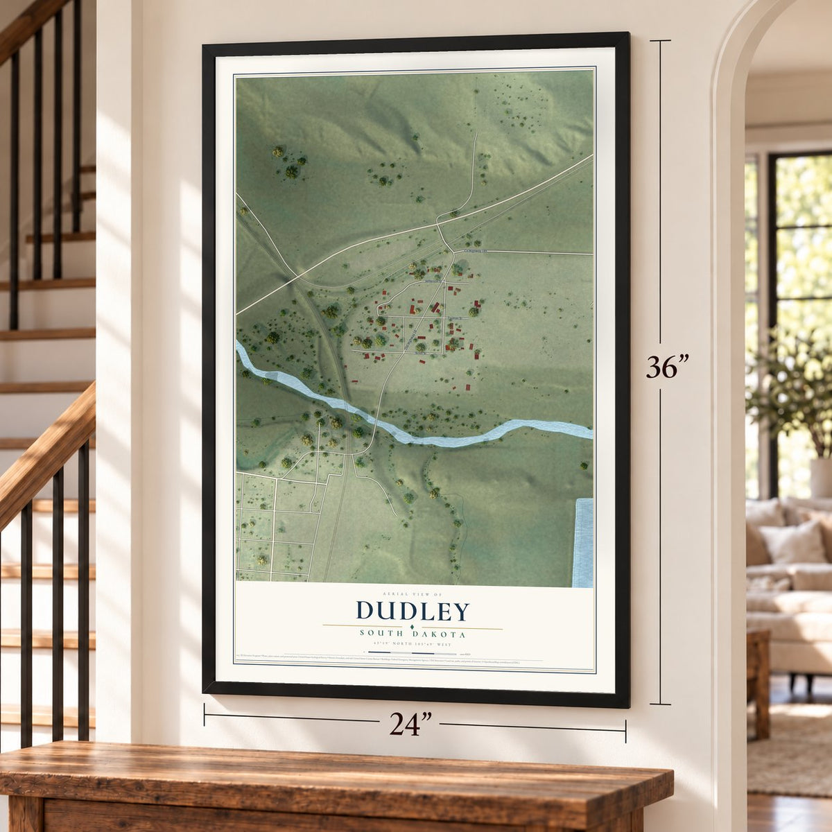 Dudley, South Dakota map, 24 x 36 inch print in a black frame by a staircase