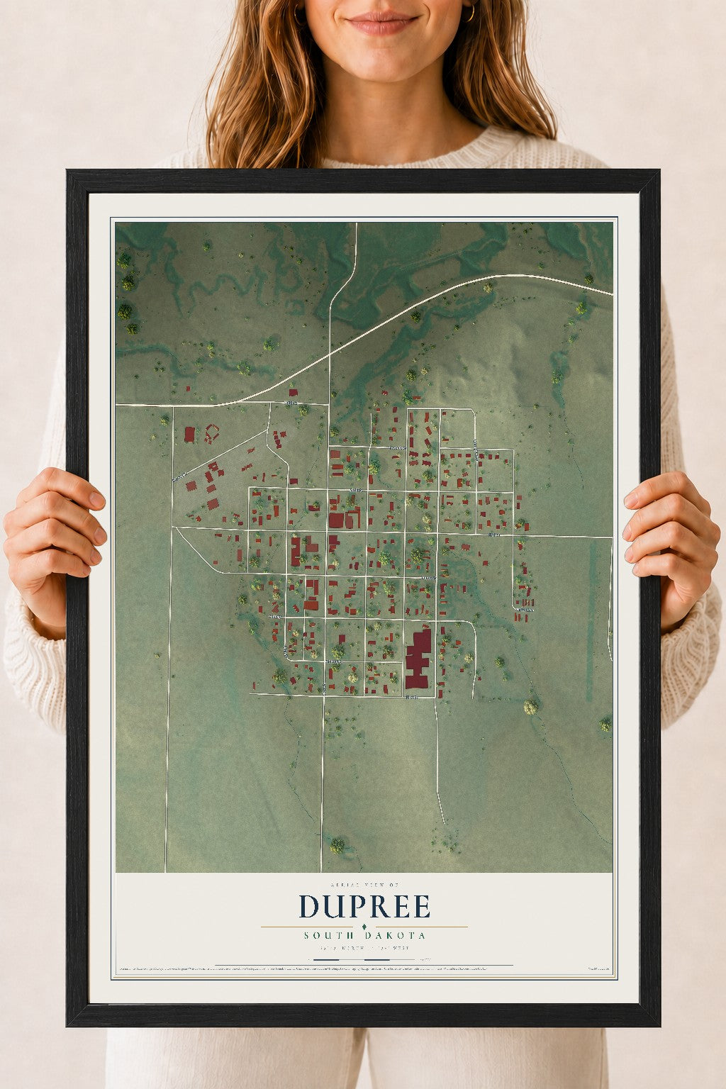 Map of Dupree, South Dakota, 18 x 24 inch print in a black wood frame