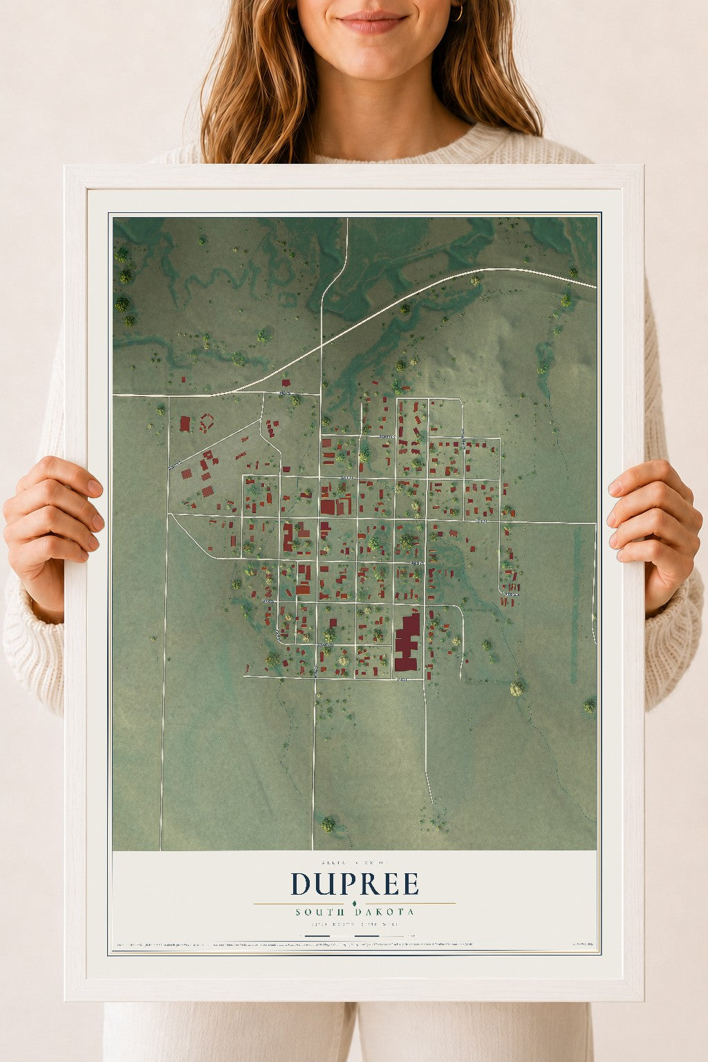 Map of Dupree, South Dakota, 18 x 24 inch print in a white wood frame