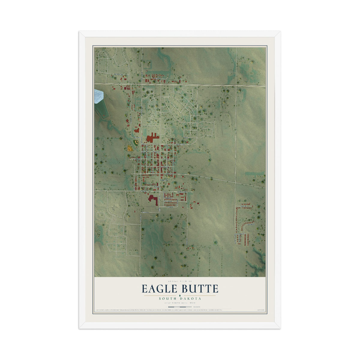 Map of Eagle Butte, South Dakota, 12 x 18 inch print in a white wood frame