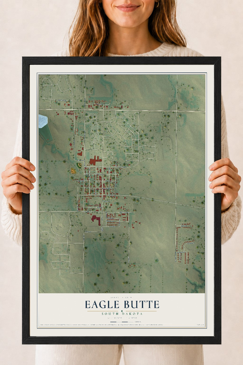 Map of Eagle Butte, South Dakota, 18 x 24 inch print in a black wood frame