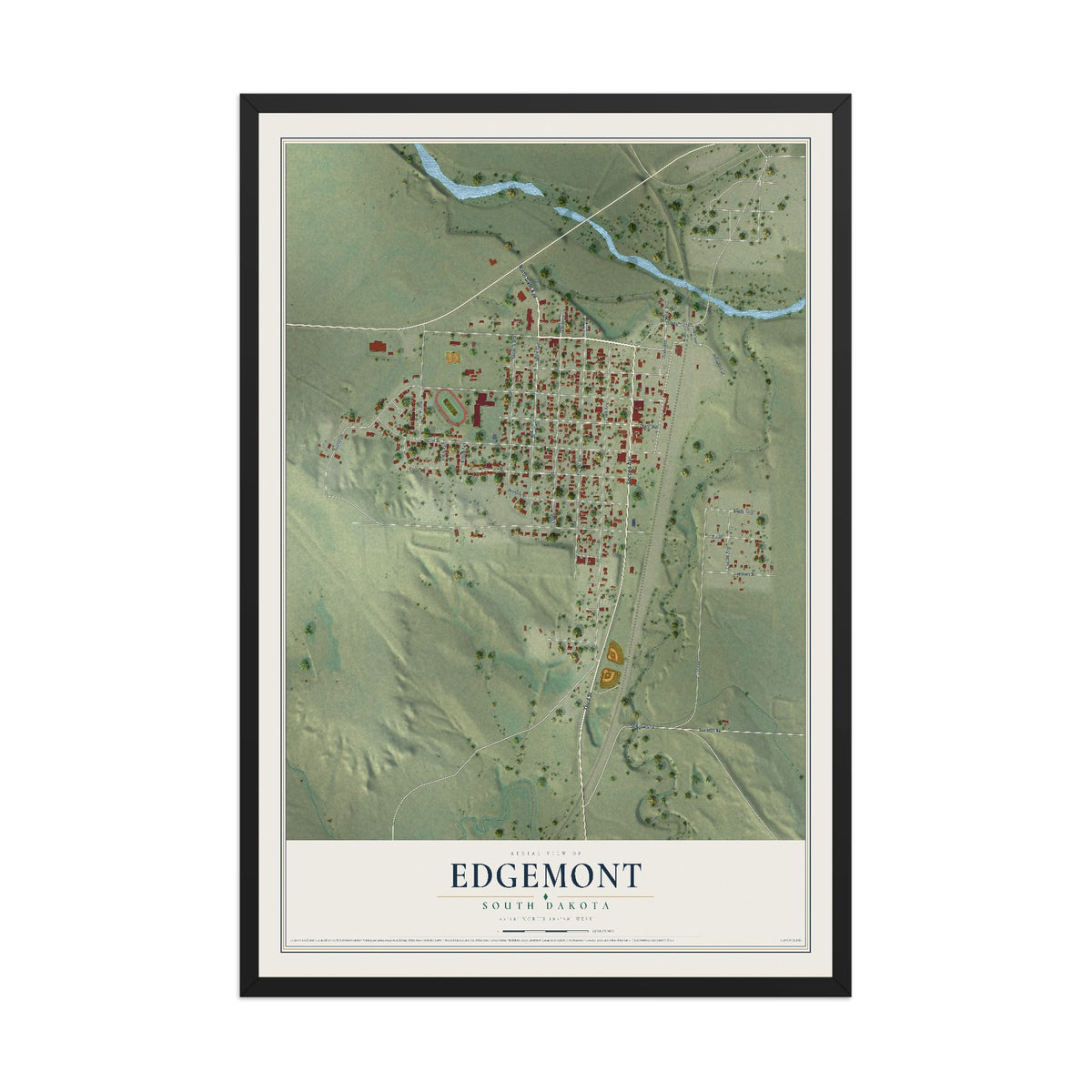 Map of Edgemont, South Dakota, 12 x 18 inch print in a black wood frame