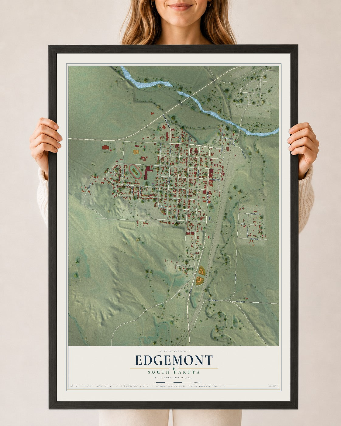 Map of Edgemont, South Dakota, 24 x 36 inch print in a black wood frame