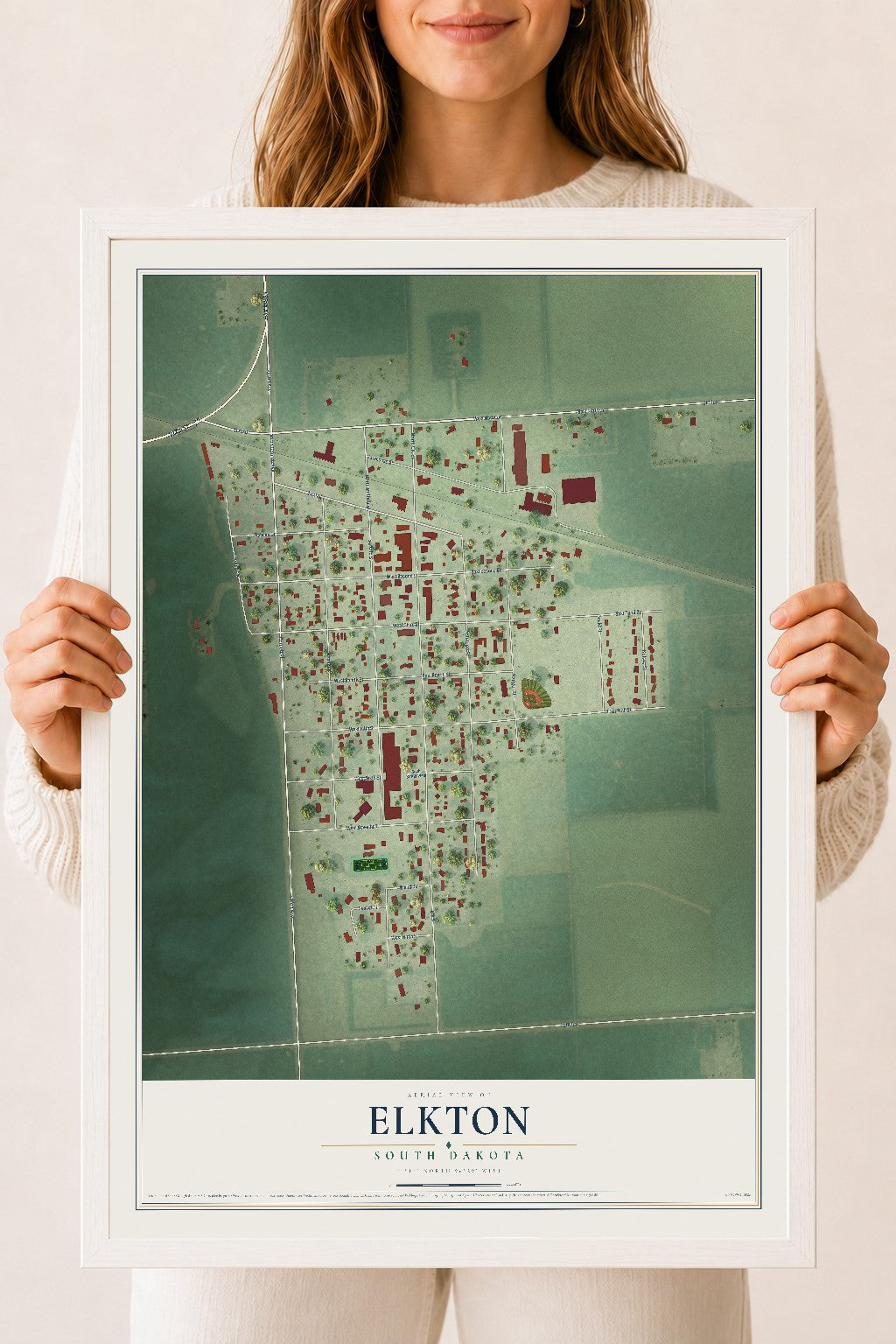 Map of Elkton, South Dakota, 18 x 24 inch print in a white wood frame