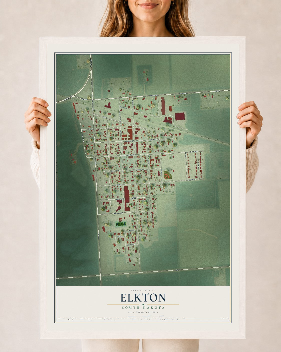 Map of Elkton, South Dakota, 24 x 36 inch print in a white wood frame