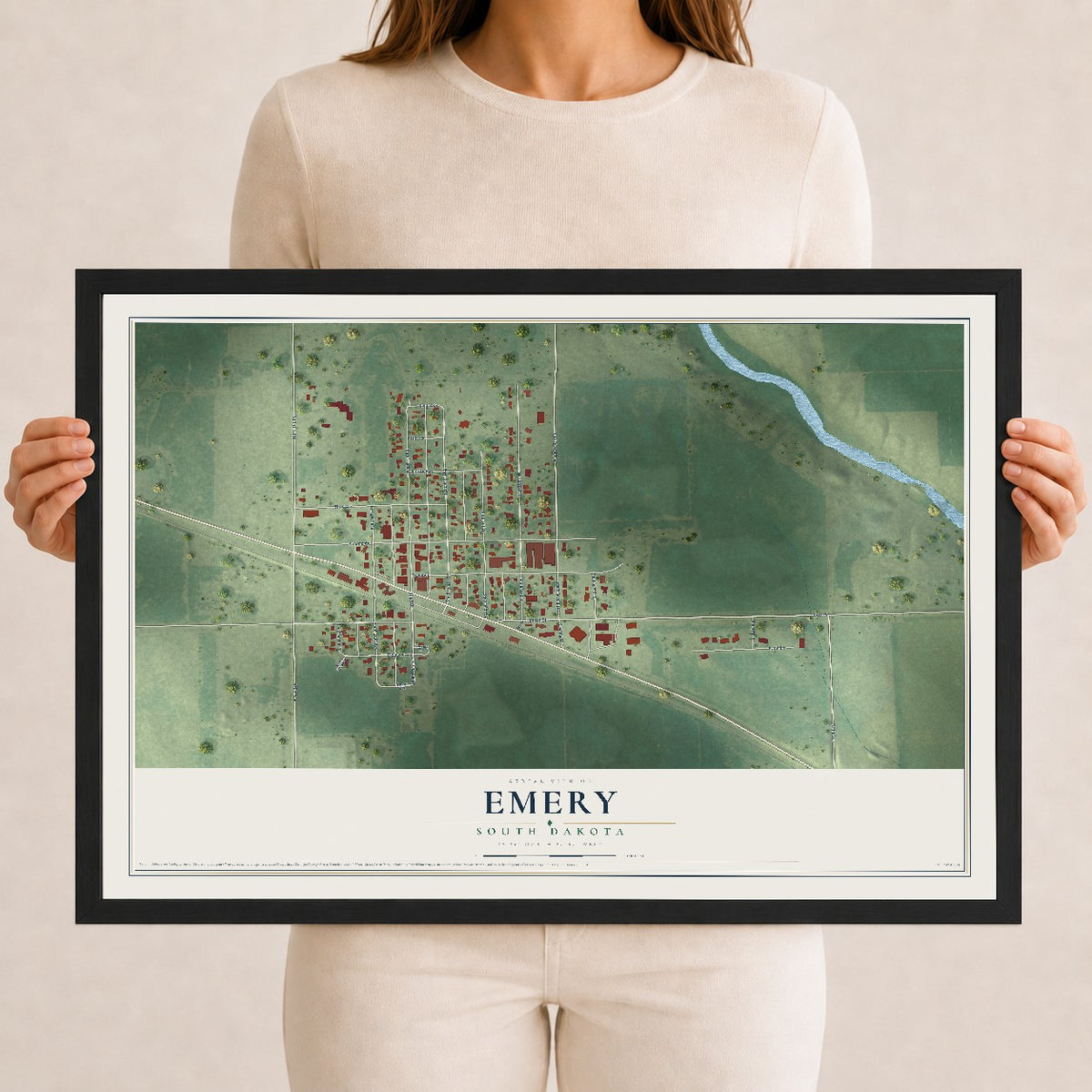 Map of Emery, South Dakota, 12 x 18 inch print in a black wood frame
