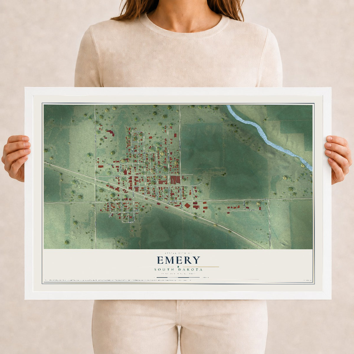 Map of Emery, South Dakota, 12 x 18 inch print in a white wood frame