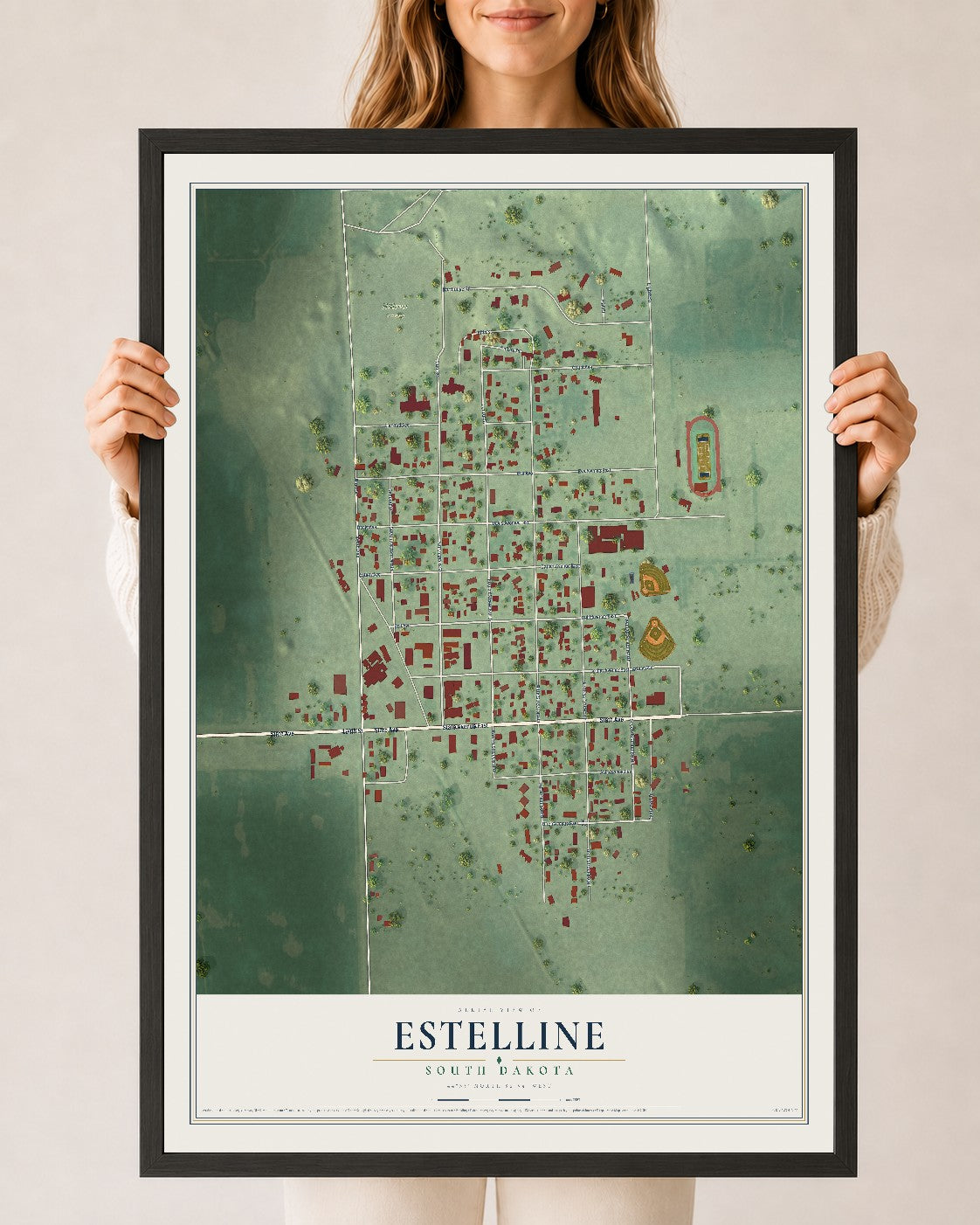 Map of Estelline, South Dakota, 24 x 36 inch print in a black wood frame