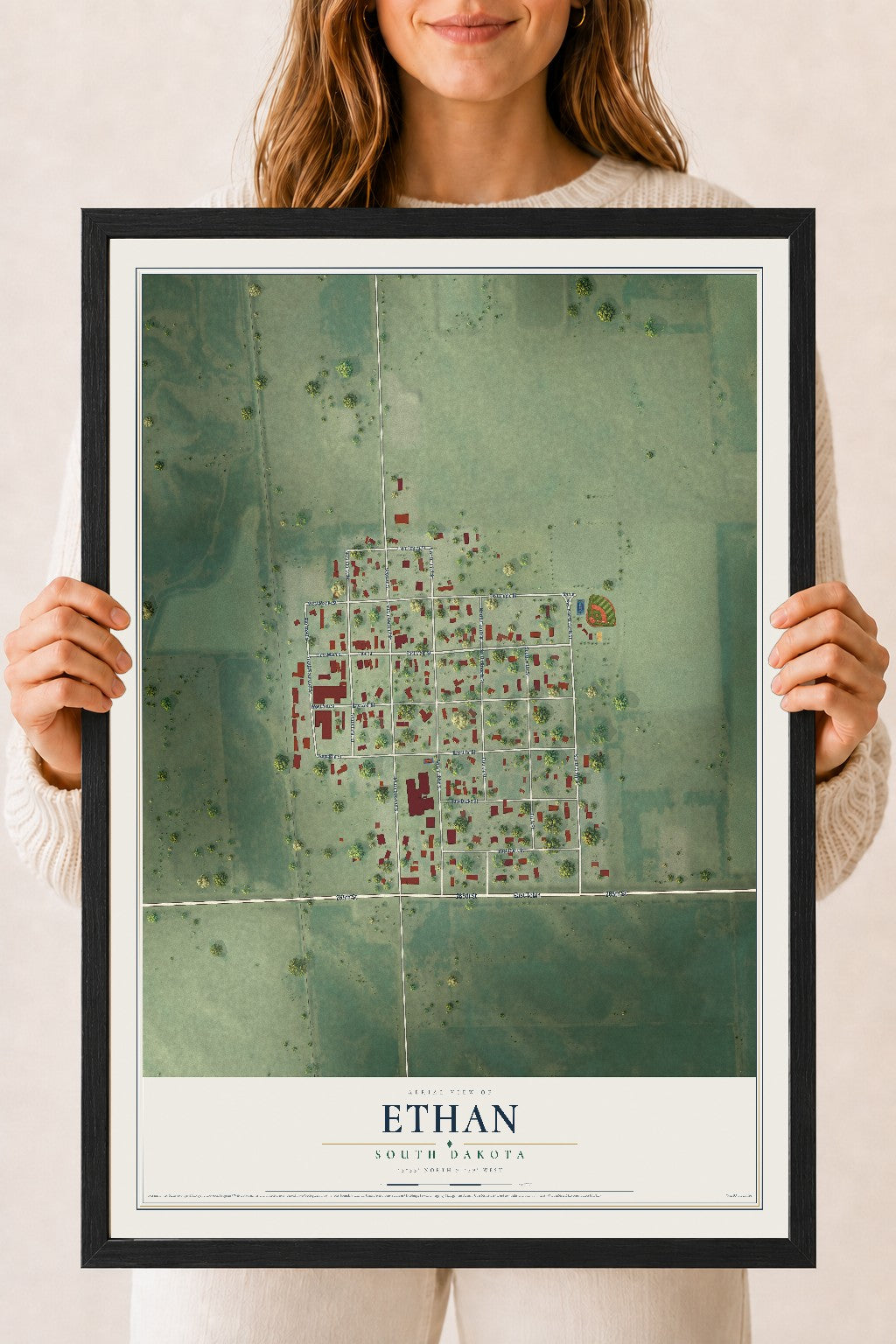 Map of Ethan, South Dakota, 18 x 24 inch print in a black wood frame