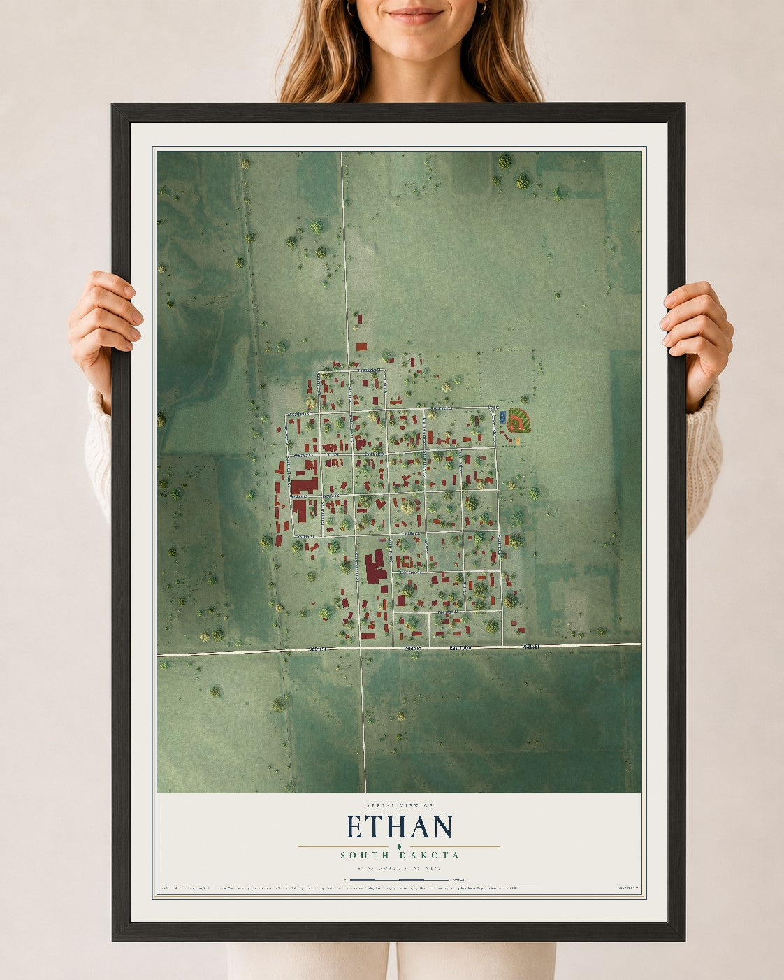 Map of Ethan, South Dakota, 24 x 36 inch print in a black wood frame