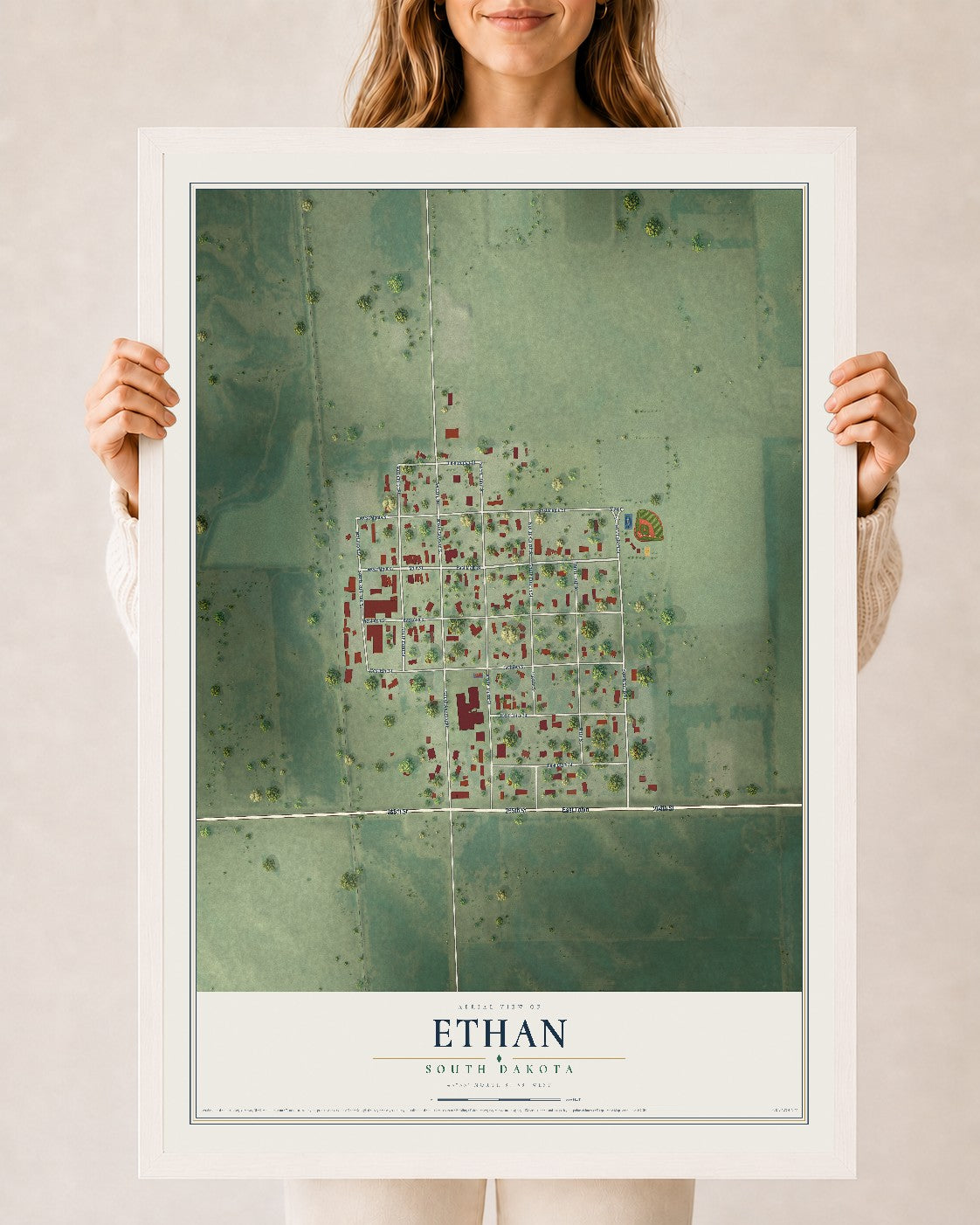 Map of Ethan, South Dakota, 24 x 36 inch print in a white wood frame