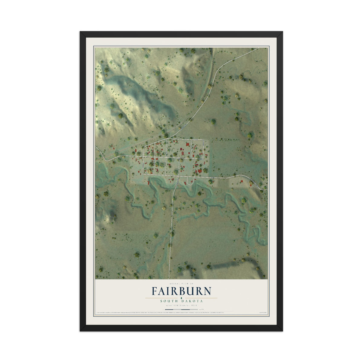 Map of Fairburn, South Dakota, 12 x 18 inch print in a black wood frame