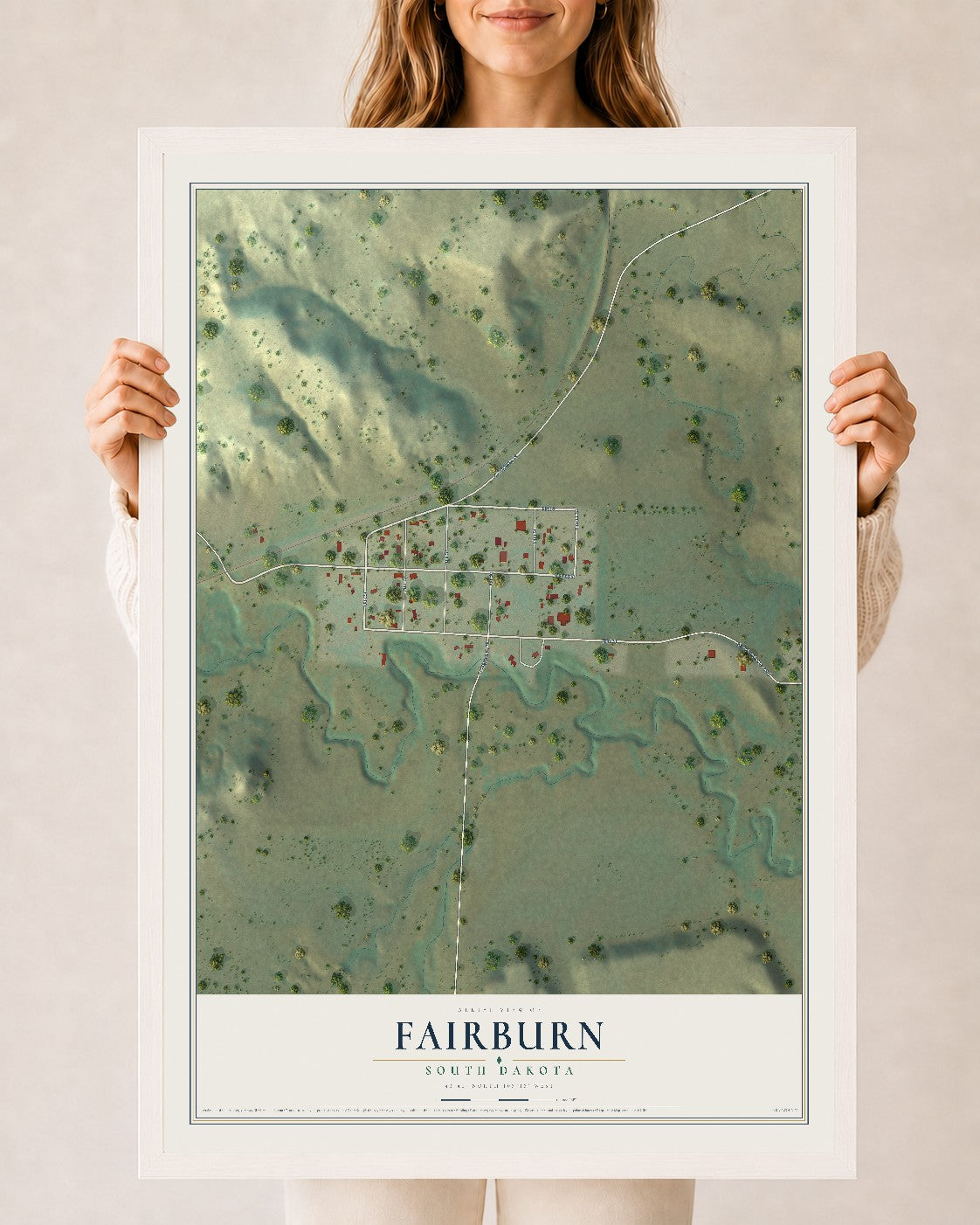 Map of Fairburn, South Dakota, 24 x 36 inch print in a white wood frame