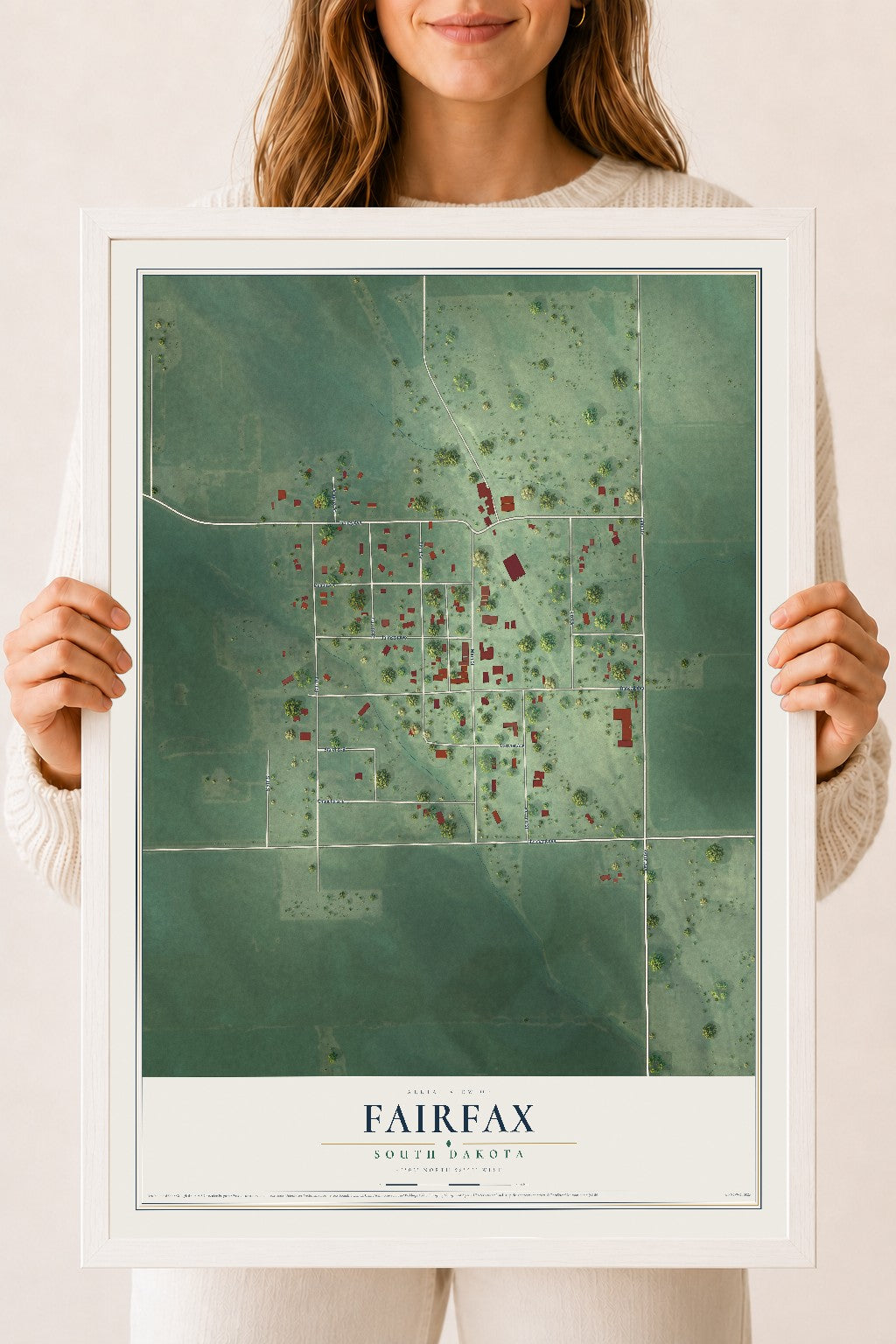 Map of Fairfax, South Dakota, 18 x 24 inch print in a white wood frame