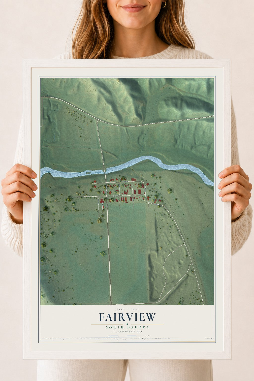 Map of Fairview, South Dakota, 18 x 24 inch print in a white wood frame