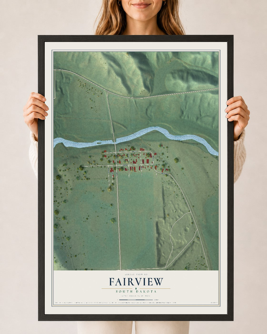 Map of Fairview, South Dakota, 24 x 36 inch print in a black wood frame