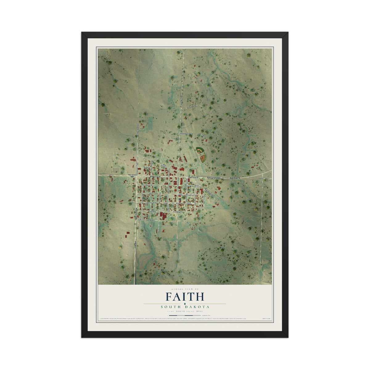 Map of Faith, South Dakota, 12 x 18 inch print in a black wood frame
