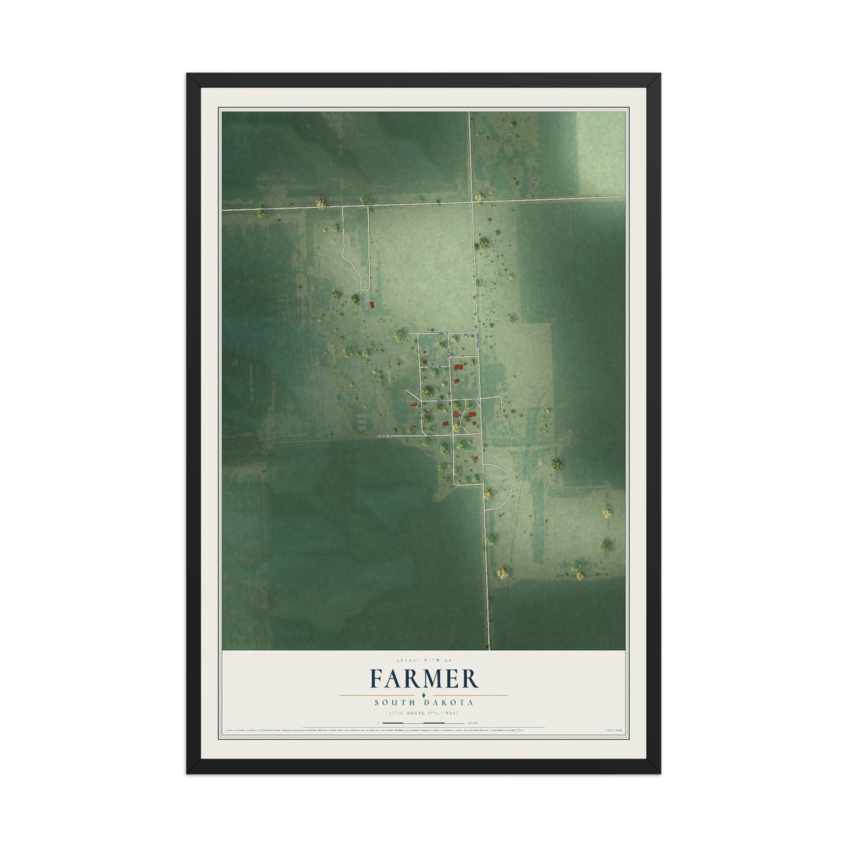 Map of Farmer, South Dakota, 12 x 18 inch print in a black wood frame