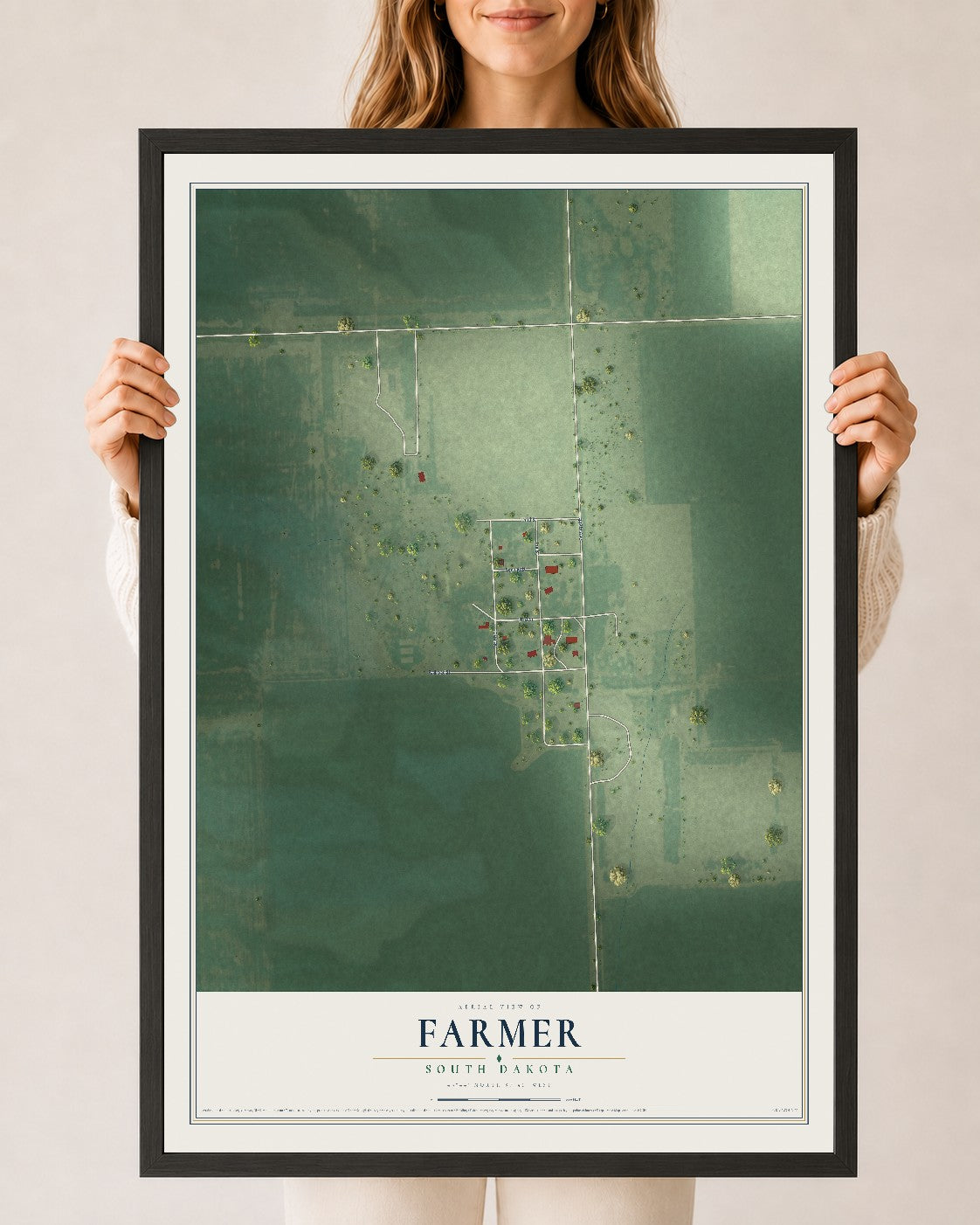 Map of Farmer, South Dakota, 24 x 36 inch print in a black wood frame