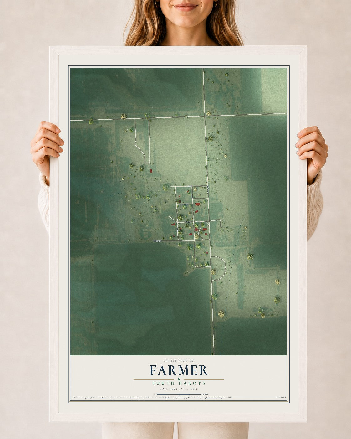 Map of Farmer, South Dakota, 24 x 36 inch print in a white wood frame