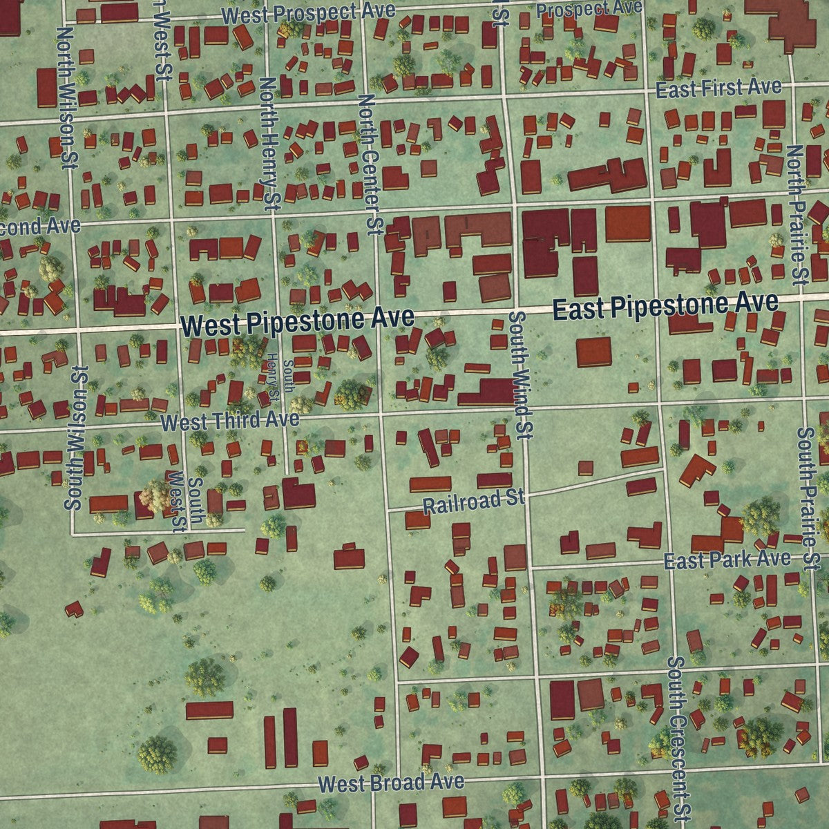 Close-up of the map of Flandreau, South Dakota print showing street and building detail