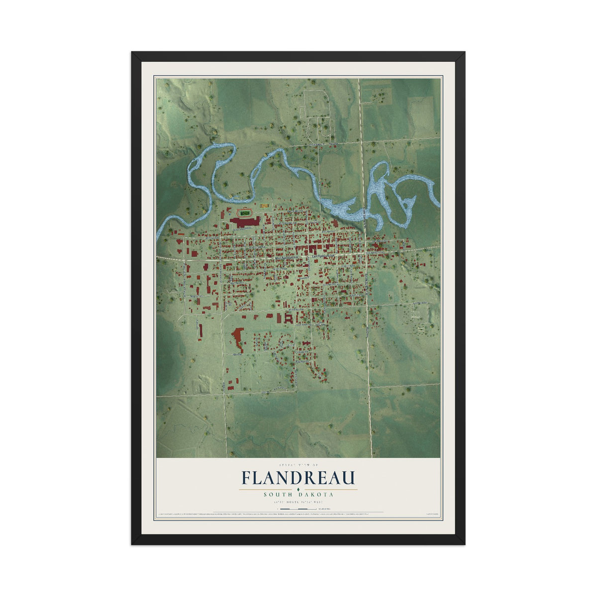 Map of Flandreau, South Dakota, 12 x 18 inch print in a black wood frame