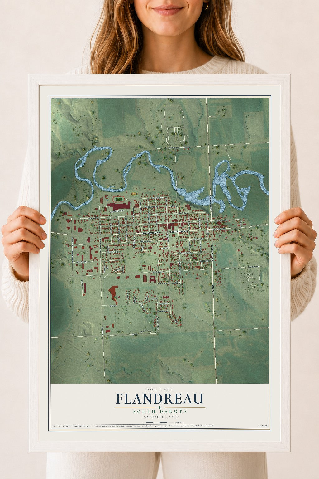 Map of Flandreau, South Dakota, 18 x 24 inch print in a white wood frame