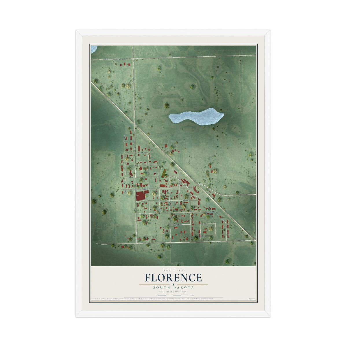 Map of Florence, South Dakota, 12 x 18 inch print in a white wood frame