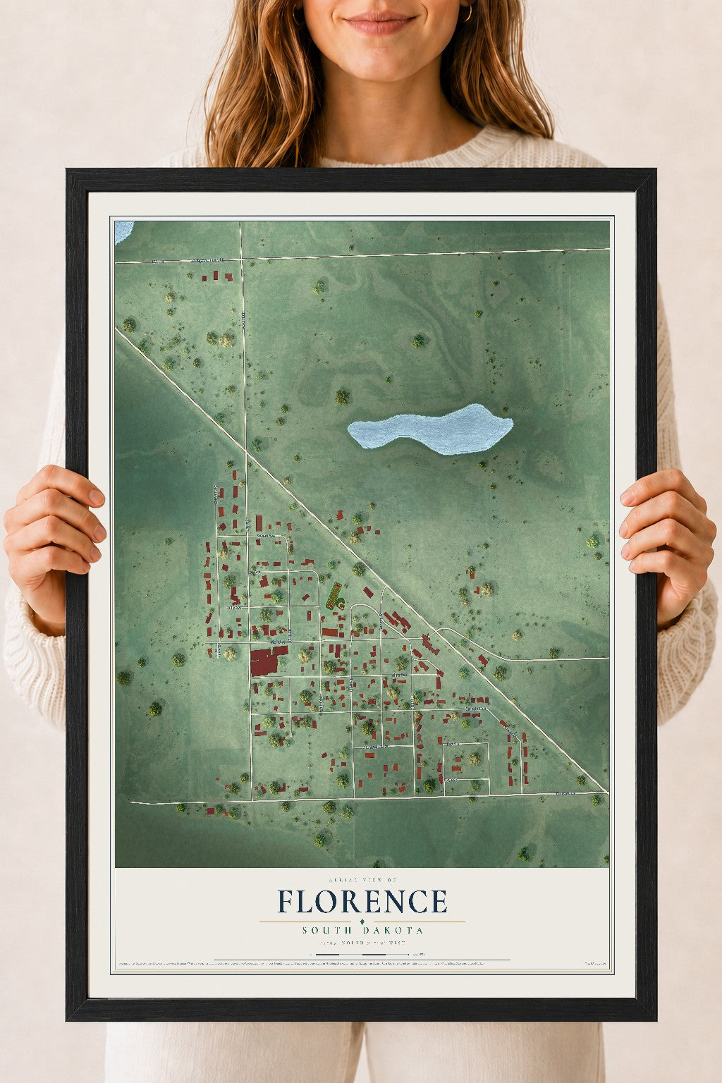 Map of Florence, South Dakota, 18 x 24 inch print in a black wood frame